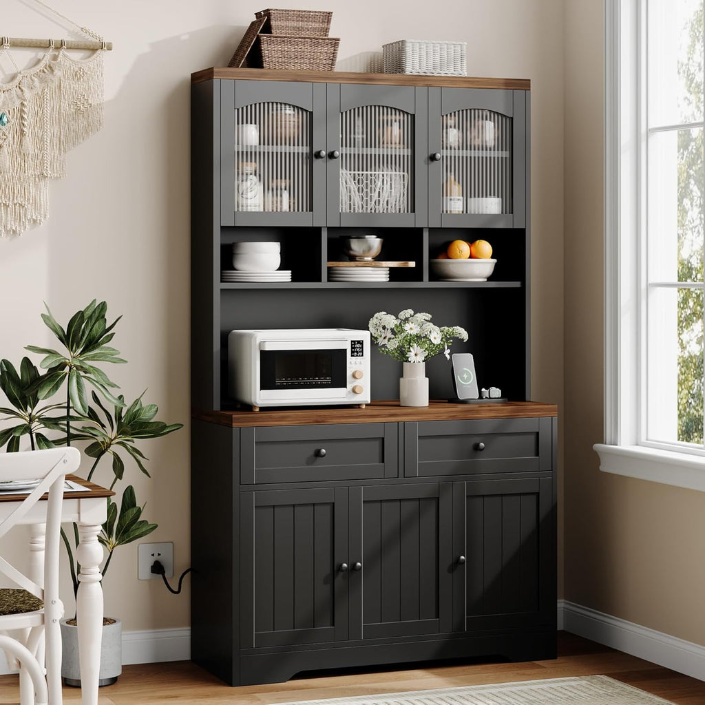 Garvee 71' Pantry Cabinet with Charging Station, Tall Kitchen Pantry Storage Cabinet with Microwave Stand, Farmhouse Kitchen Hutch with Storage Drawers for Living Room, Dining Room, Black