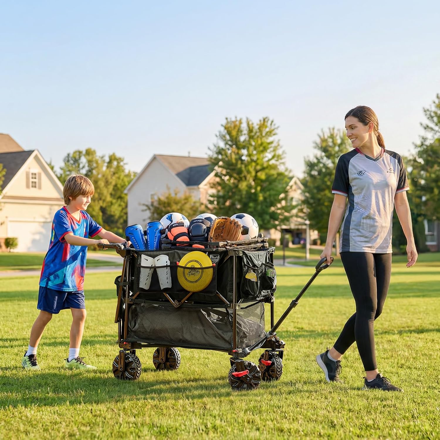TIMBER RIDGE Push & Pull Double Decker Wagon, 400L Large Capacity Heavy Duty & 450lb Load, Collapsible Cart with All-Terrain Wheels & Brakes, 54' Extended Foldable for Sports, Beach, Camping, Black