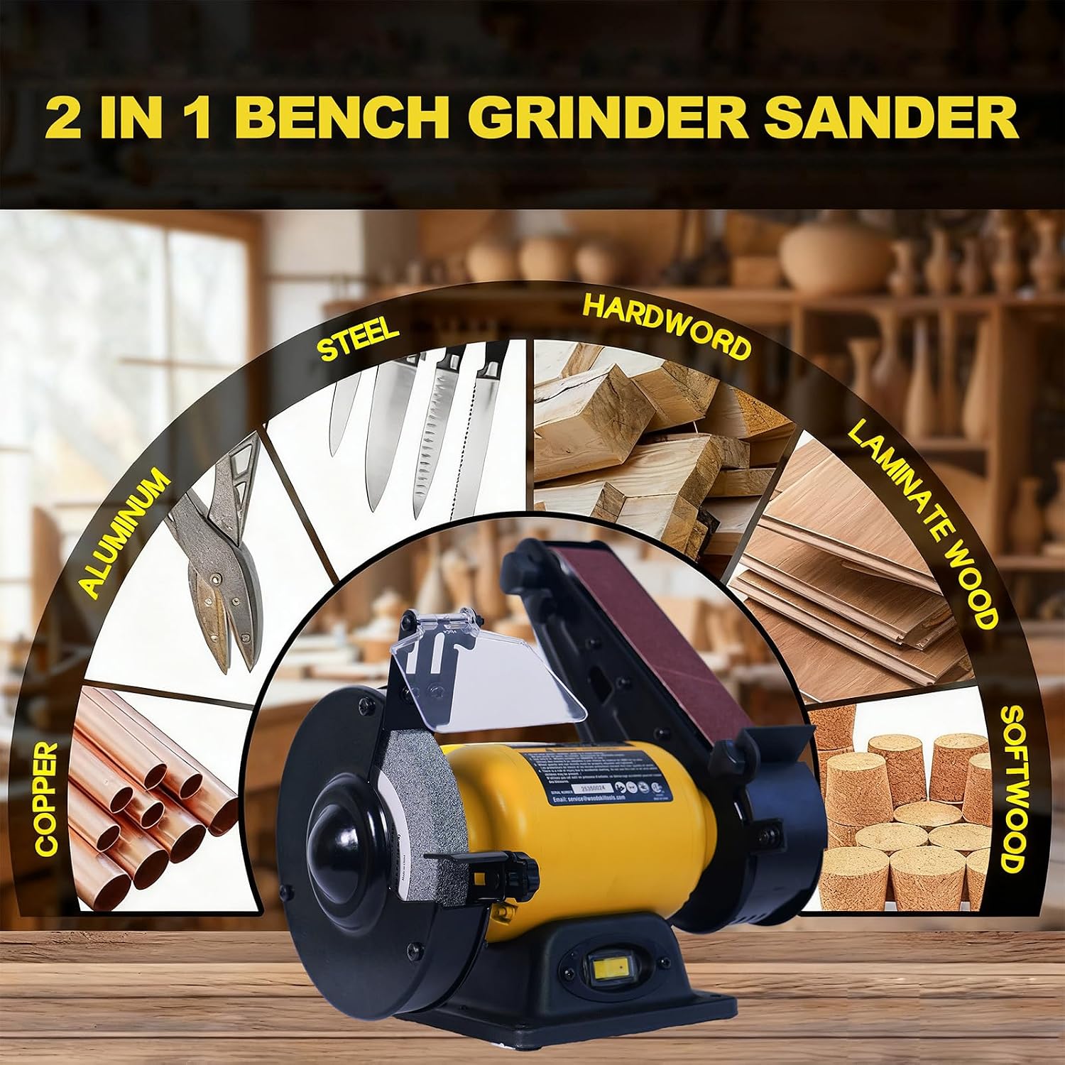 Woodskil High Speed Bench Grinder Belt Sander Combo, 2.5 A 6 Inch Bench Grinder with 2 x 27 Inch Belt Sander for Metal Grinding & Wood Sanding, 2-in-1 Combo Tool for Home Workshop DIY