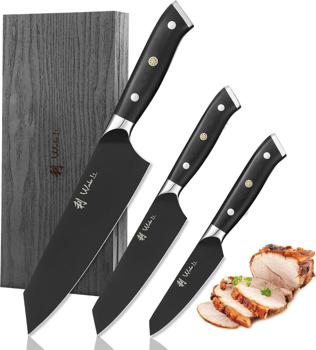 Wakoli Titanium Noir Kitchen Knife Set – 3-Piece Professional Kiritsuke Chef Knife Set | 5Cr15MoV Stainless Steel Blades with Black Titanium Coating | Ergonomic G10 Handles | Wooden Gift Box