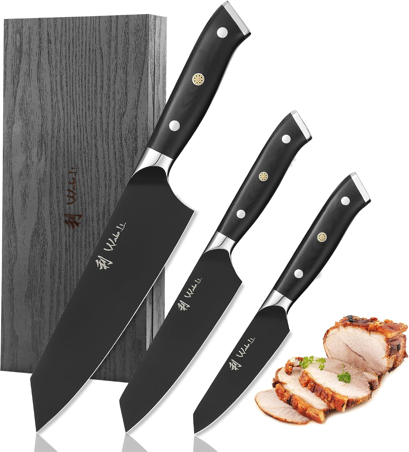 Wakoli Titanium Noir Kitchen Knife Set – 3-Piece Professional Kiritsuke Chef Knife Set | 5Cr15MoV Stainless Steel Blades with Black Titanium Coating | Ergonomic G10 Handles | Wooden Gift Box