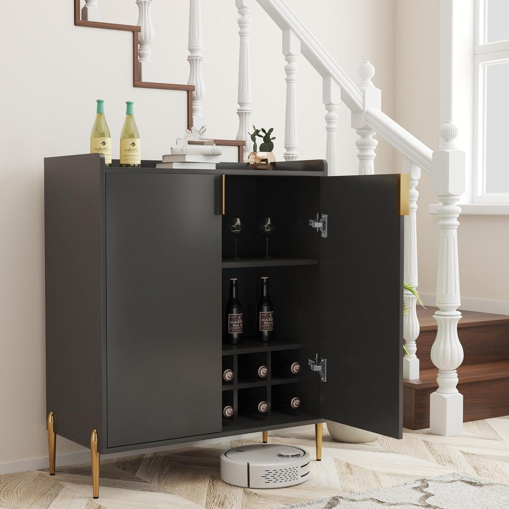 39' Moisture-Resistant Freestanding Storage Cabinet, Kitchen Storage Bakers Rack with Soft-Closing Hinge, Utility Food Cupboard with Wine Bottle Holder for Kitchen Dining Living Room, Black
