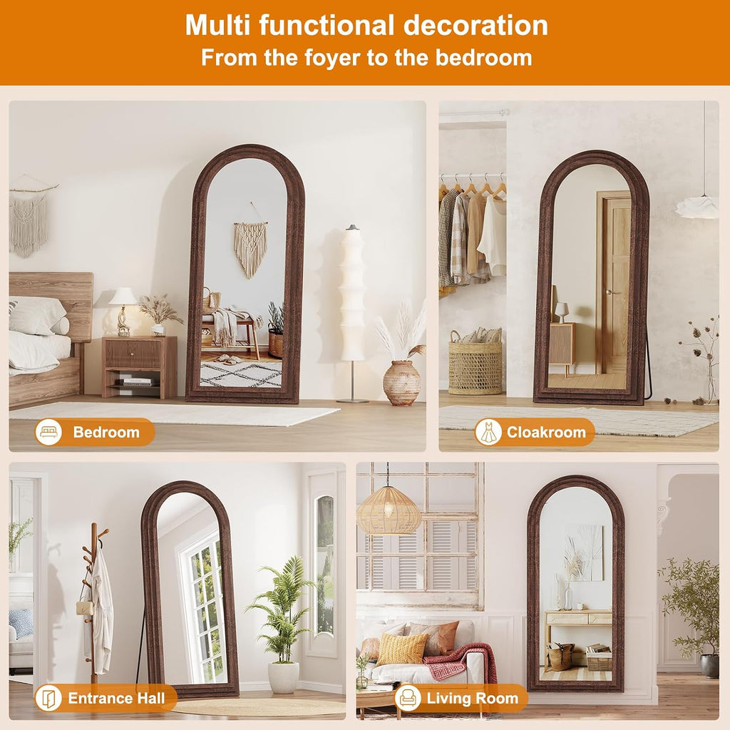 ZHUNFA External Three-Layer Arched Full Length Mirror with Solid Wood Frame,71x32 Modern Farmhouse Decor Standing Mirror Full Length,Wall Mounted,Leaning,Standing for Bedroom,Living Room,Brown.