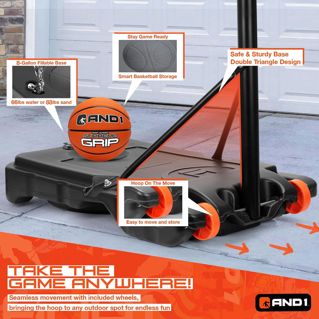 AND1 32' Basketball Hoop & Basketball Bundle - Adjustable Portable Outdoor Basketball Hoop & Regulation Size Basketball, 5-7 Ft Adjustable Height