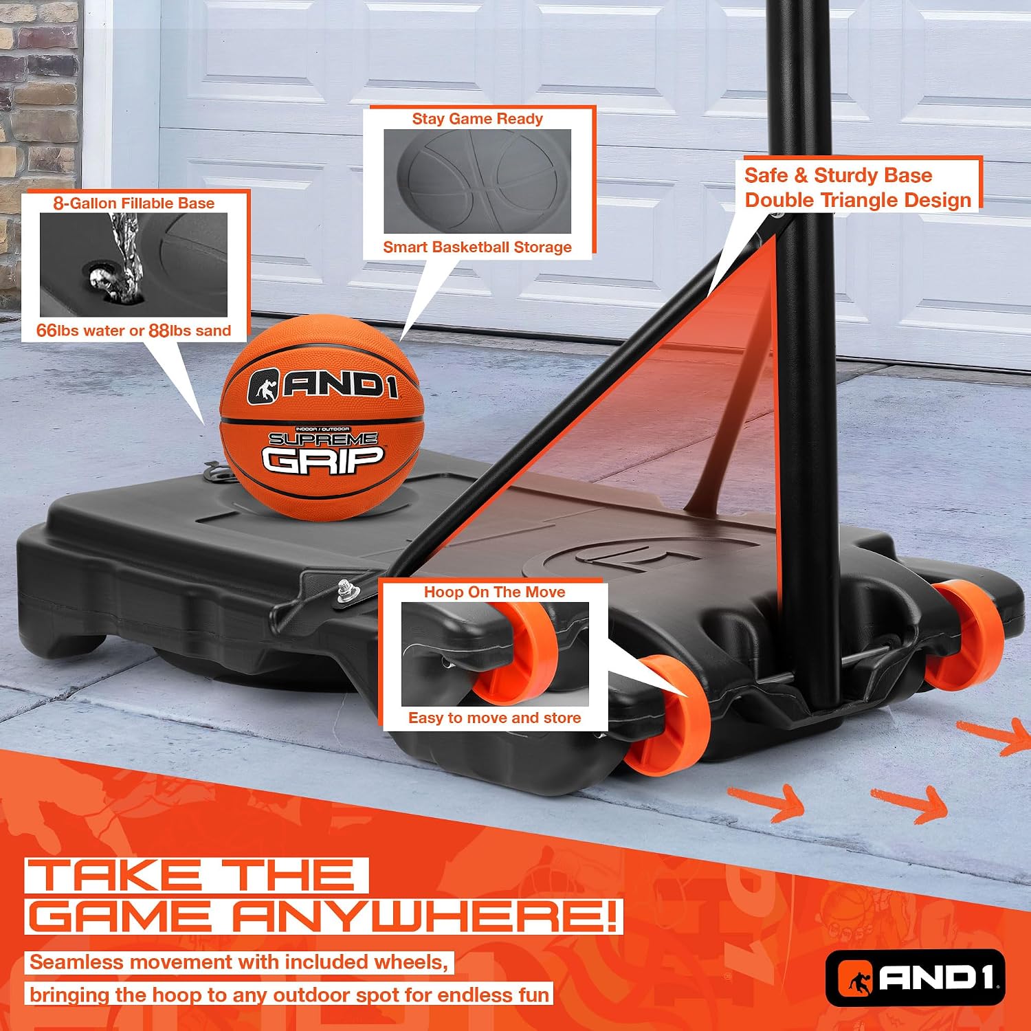 AND1 32' Basketball Hoop & Basketball Bundle - Adjustable Portable Outdoor Basketball Hoop & Regulation Size Basketball, 5-7 Ft Adjustable Height