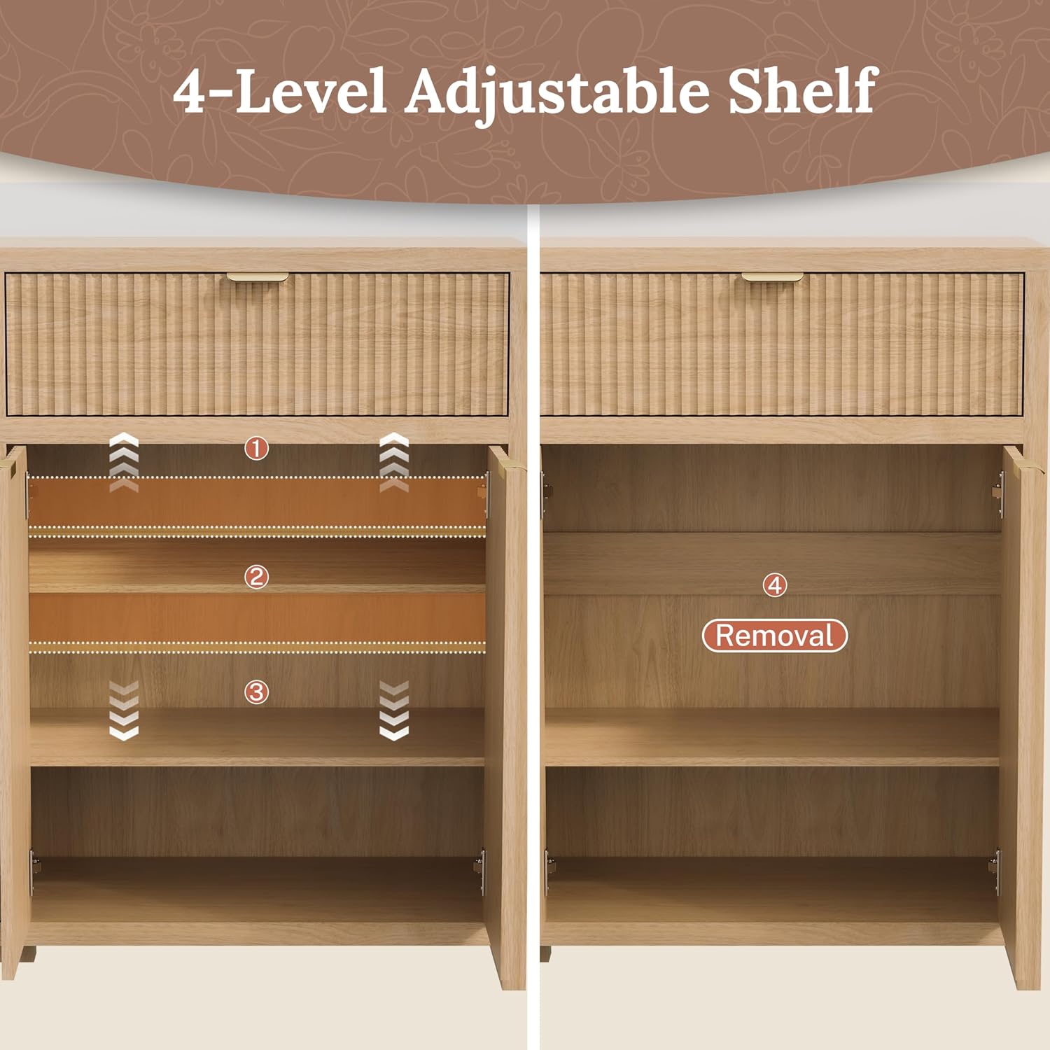 55' W Sideboard Buffet Cabinet with Storage, Fluted Cabinet with 2 Drawers & 4 Doors, Wood Kitchen Cabinet with Adjustable Shelves for Living Room,Kitchen and Dining Room - Wood