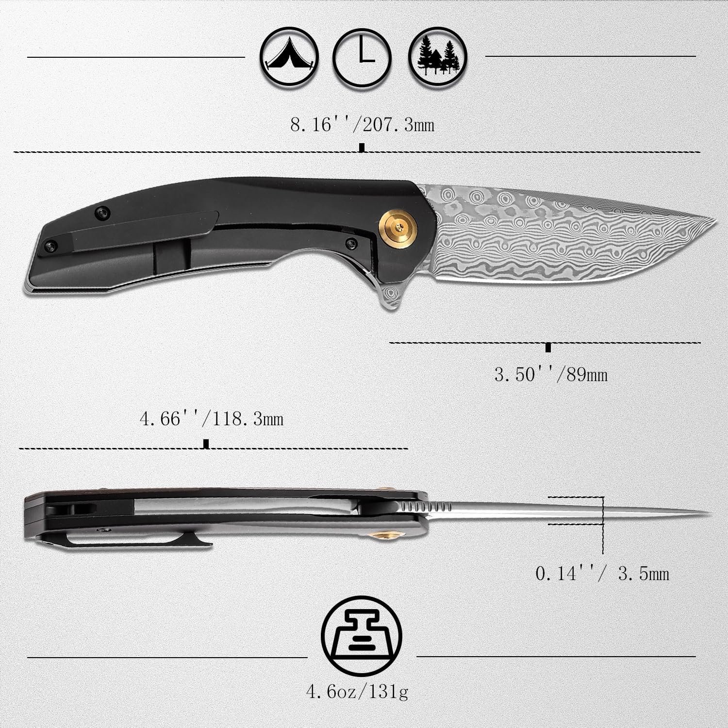 KANSEPT Accipiter Pocket Folding Knives EDC Camping Folding Knife 3.36'' Damascus Blade Pocket Folding Knife with Titanium + Copper Carbon Fiber Handle Everyday Carry K1007E4
