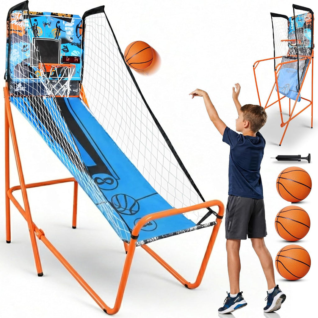 SereneLife Dual Shot Basketball Arcade Game with Electronic Scorer, 8 Game Modes, Indoor Outdoor 2 Player Basketball Shooting Game, Foldable Arcade Set with 5 Balls and Pump