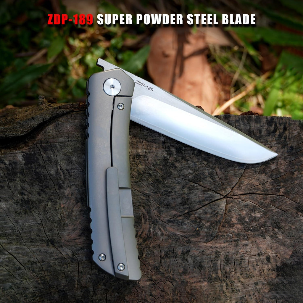 KATSU Folding Knife ZDP-189 Steel 3.5' Blade,Japanese Sandblasted Titanium Handle Pocket Knife with Clip Convex Grind Frame lock, Quick Open EDC Flip Knives for Men Leather Sheath Hiking Camping