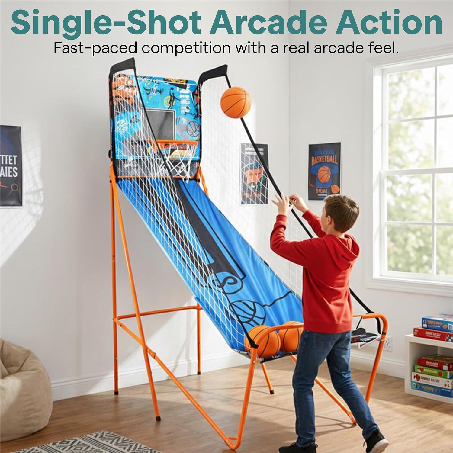 SereneLife Dual Shot Basketball Arcade Game with Electronic Scorer, 8 Game Modes, Indoor Outdoor 2 Player Basketball Shooting Game, Foldable Arcade Set with 5 Balls and Pump