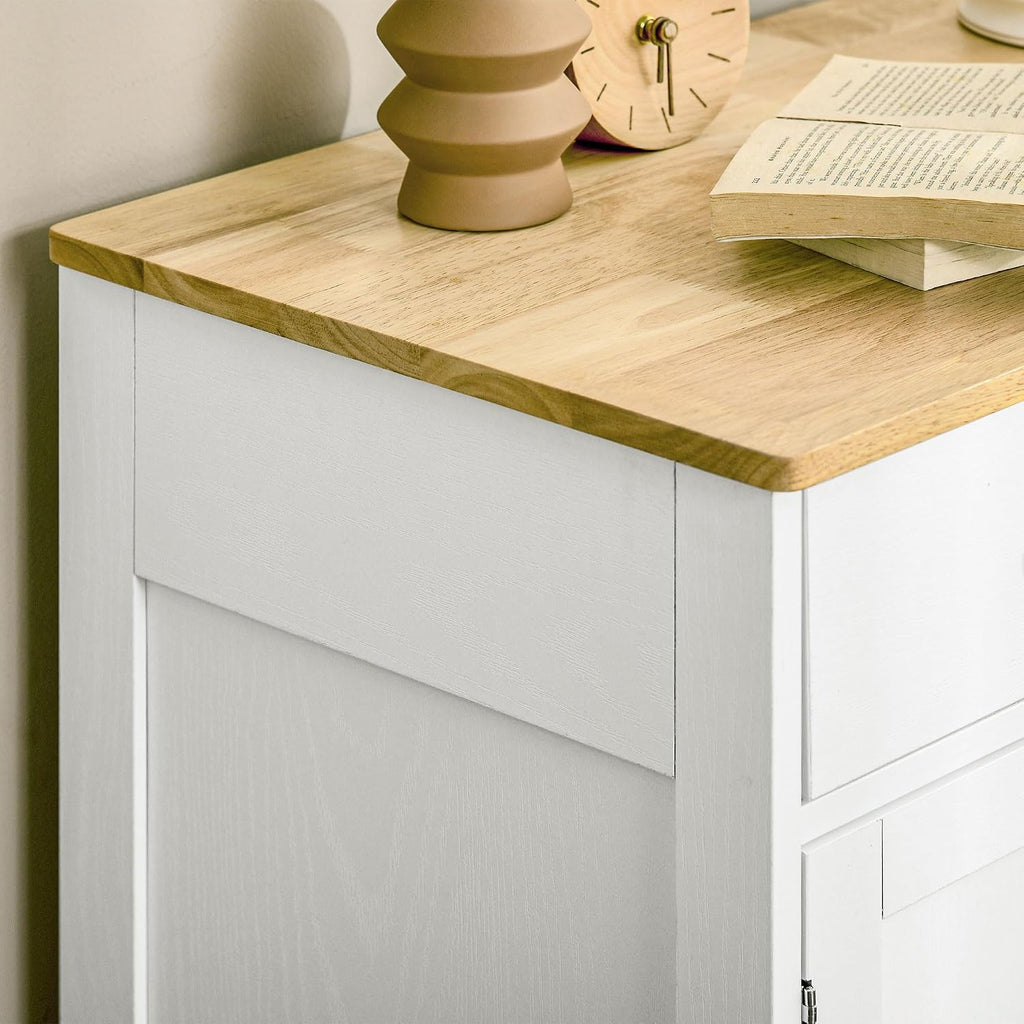 HOMCOM Sideboard Buffet Cabinet with Solid Wood Countertop, Modern Kitchen Storage Cabinet, Coffee Bar Cabinet with 2 Drawers, Doors and Adjustable Shelf, Distressed White