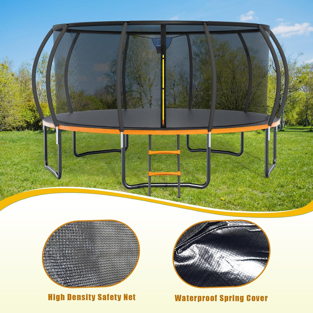 12FT 14FT Trampoline for Adults/Kids - Outdoor Trampoline with Basketball Hoop, Curved Poles, Enclosure Net and Ladder, Heavy Duty Recreational Trampoline, ASTM Approval