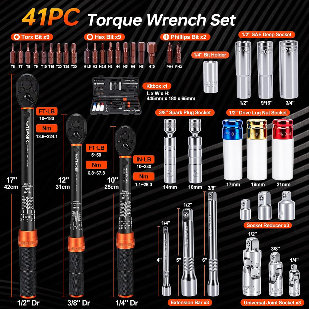 41PCS Torque Wrench Set 1/4 3/8 1/2-Inch Drive, Complete Click Torque Wrench Kit with Sockets, Bits, Extension Bars & Adapters, ±3% Accuracy 72-Tooth Dual-Scale Wrenches for Bike, Moto, Car, Truck