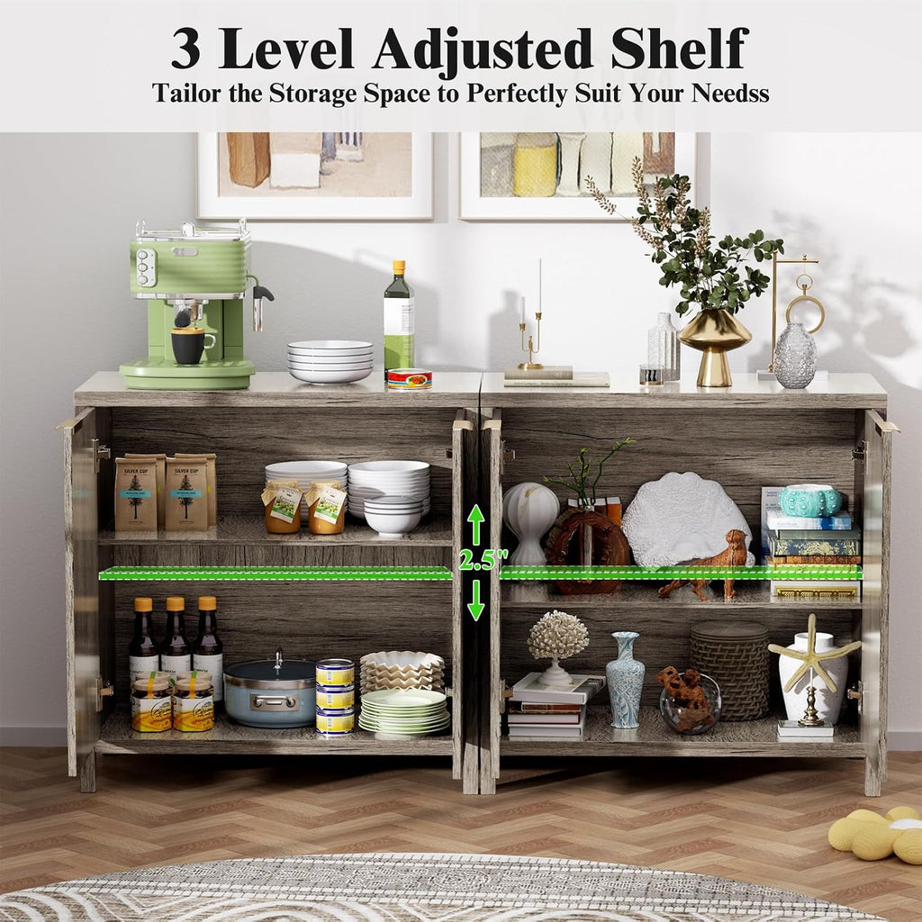 Sideboard Buffet Cabinet Set of 2, 31' Fluted Storage Cabinet with 2 Doors and Adjustable Shelves, Modern Sideboard Console Table for Living Room,Entryway,Dinning Room,Kitchen-Grey