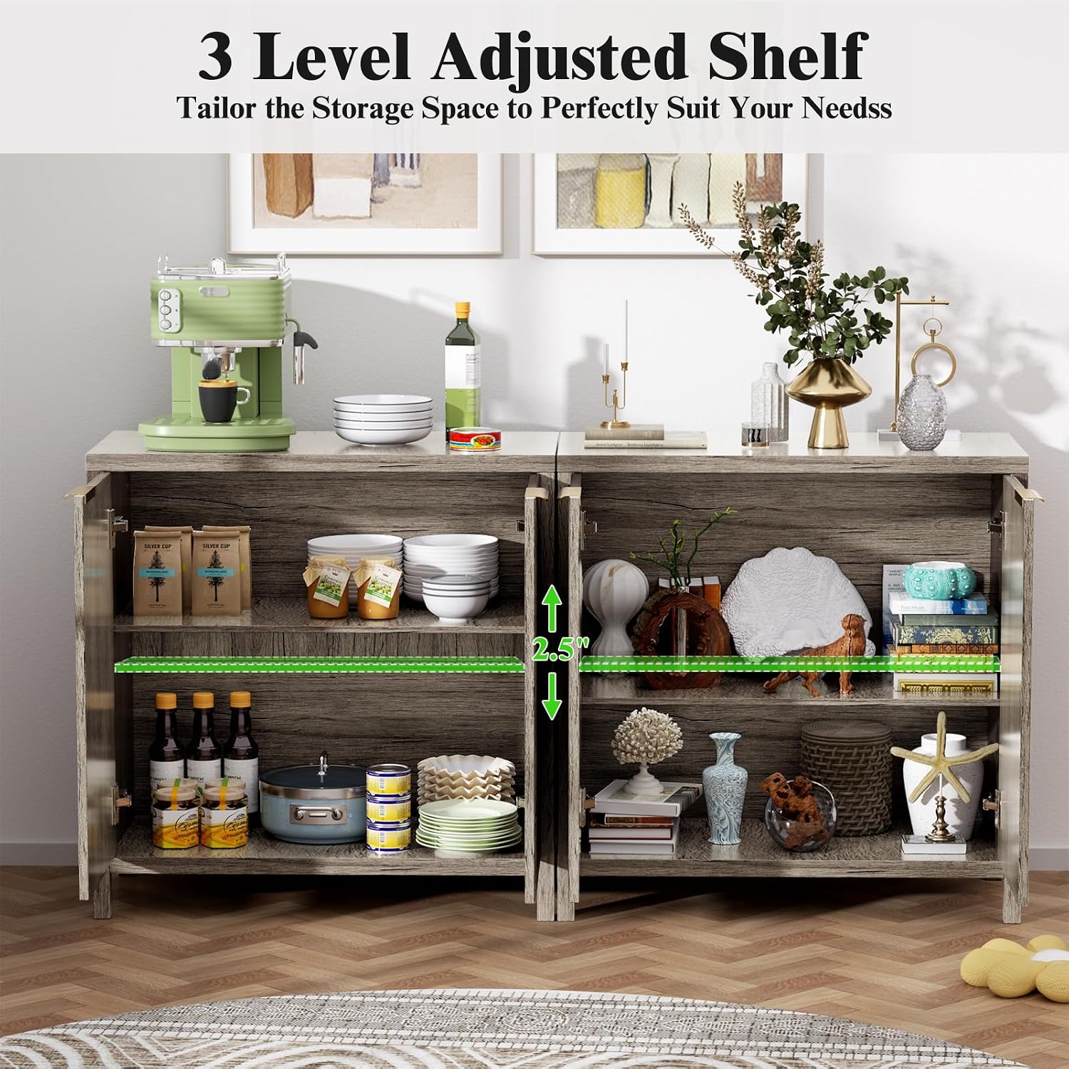 Sideboard Buffet Cabinet Set of 2, 31' Fluted Storage Cabinet with 2 Doors and Adjustable Shelves, Modern Sideboard Console Table for Living Room,Entryway,Dinning Room,Kitchen-Grey