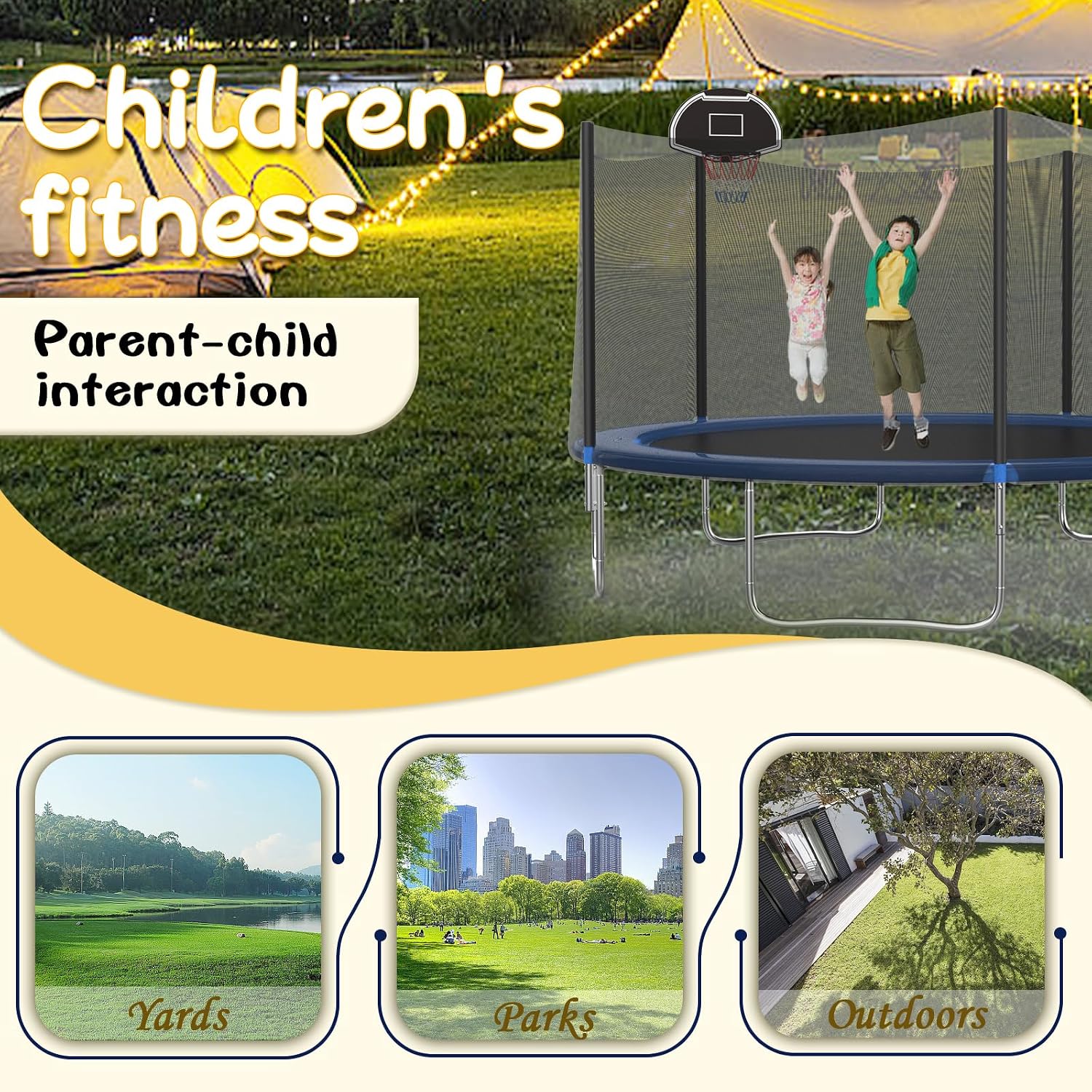 14FT Tranpoline for Kids with Safety Enclosure Net Recreational Round Tranpoline with Basketball Hoop ASTM Approval Backyard Outdoor Tranpoline with Spring Pad Cover & Ladder