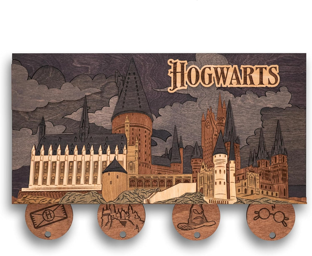 Hogwarts Magnetic Key Holder - Harry Potter 3D Key Holder with Magnetic Keychains - Unique Collectible Wooden Keyholder, Home Decor for Harry Potter Fans (Night Edition, L, 4 Keychains)