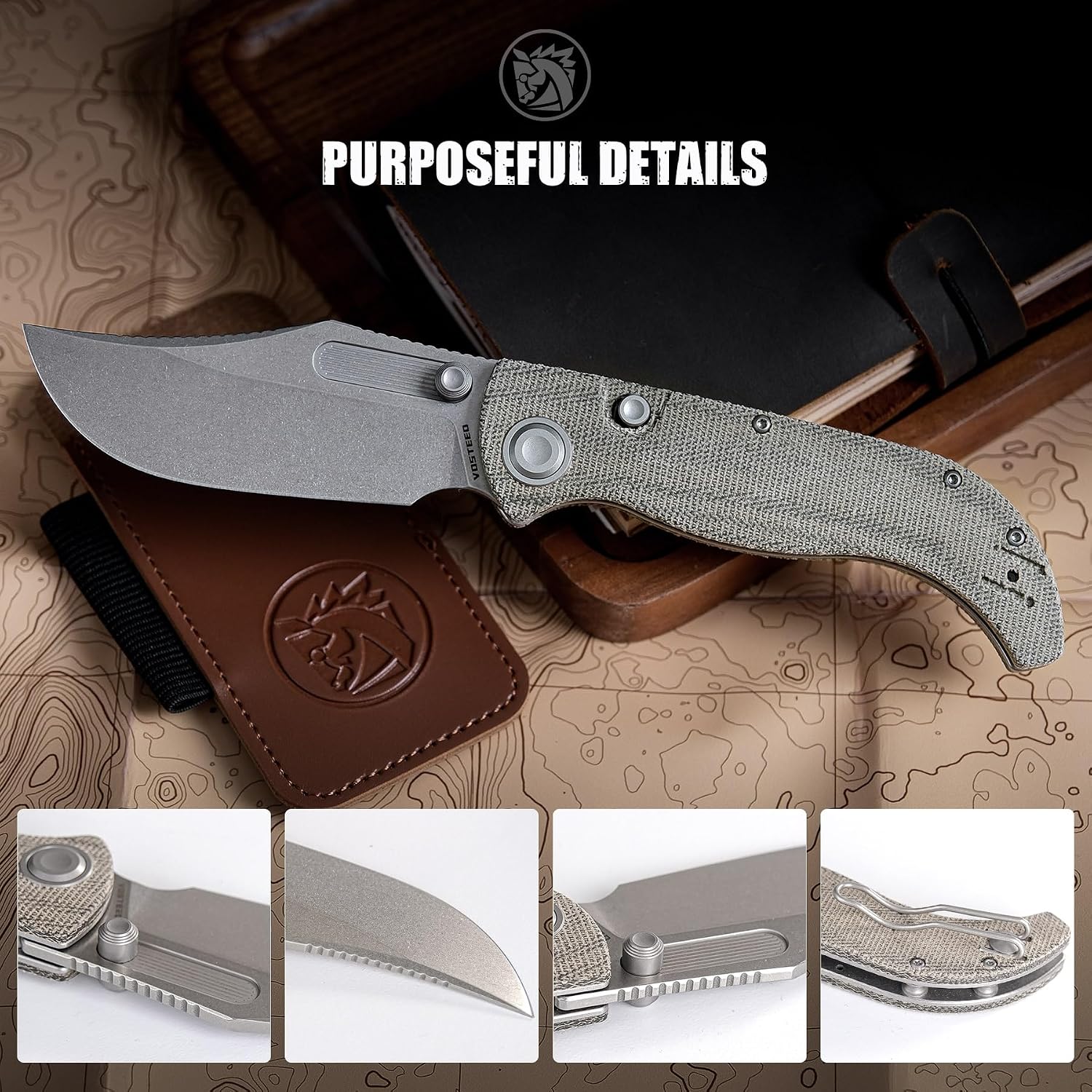 Vosteed Naga EDC Folding Pocket Knife - 3.47' S35VN Stonewash Blade, Clip Point - Top Liner Lock, Green Norplex UltreX™ Micarta Handle - Hunting, Fishing Knives - A3902