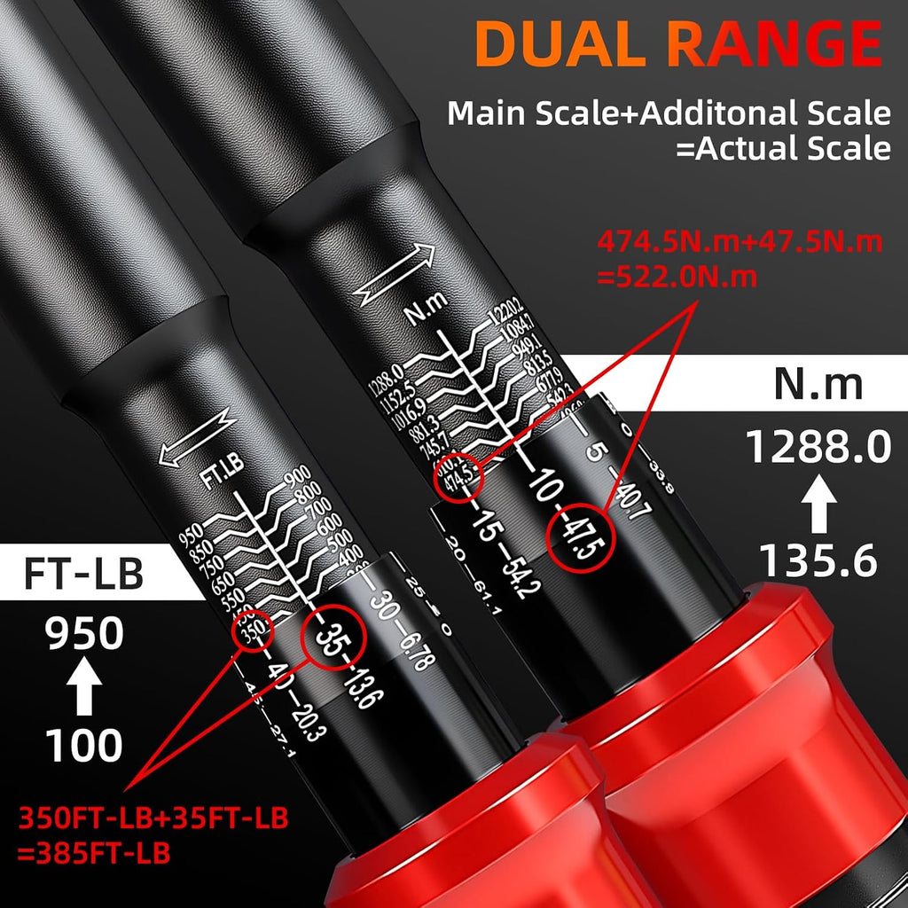3/4-Inch Drive Torque Wrench 100-950ft.lb/135.58-1288.03Nm, ±3% Precision Dual Direction Torque Wrenches with 48-Tooth Dual Range Scales with Ft.Lbs and N.m