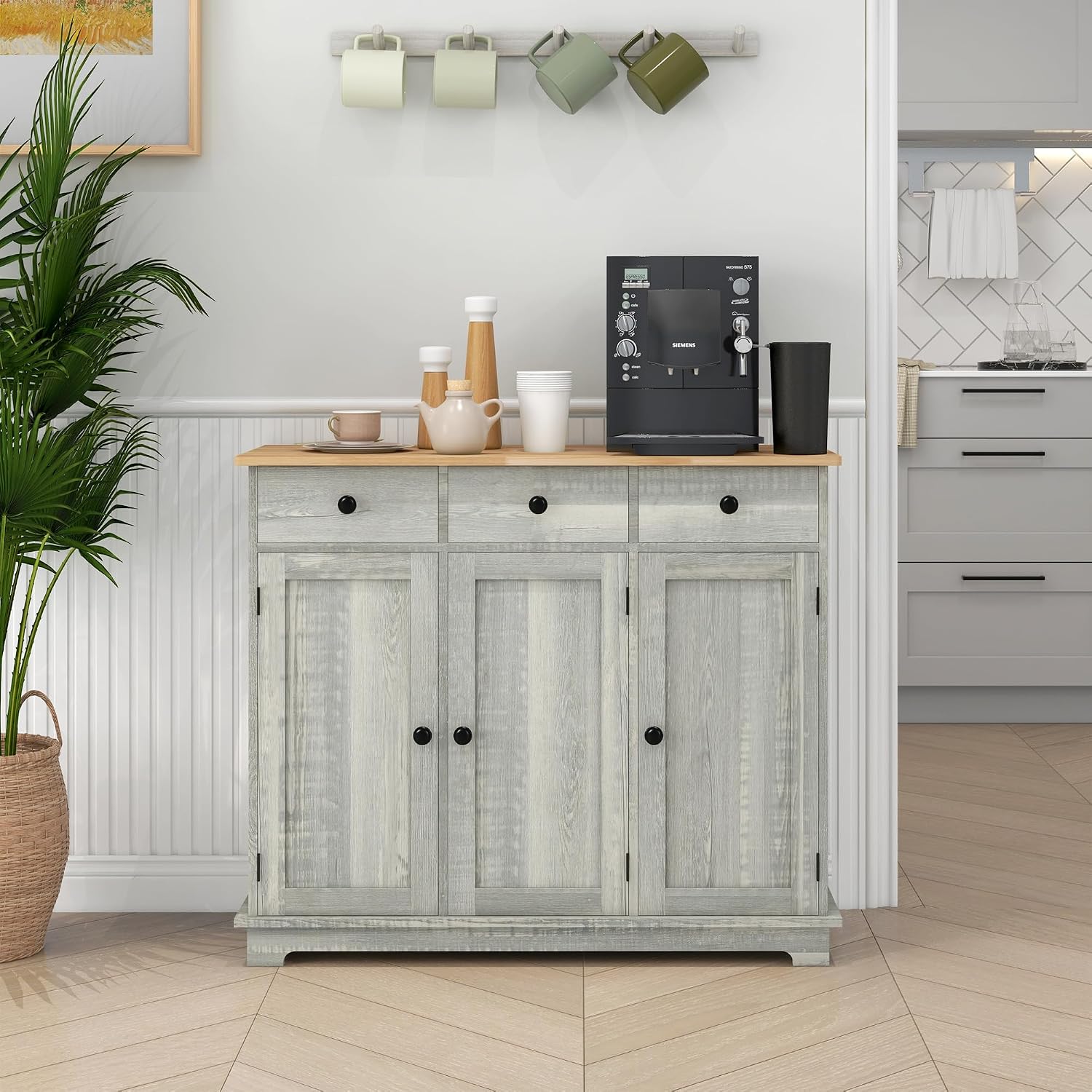 HOMCOM Sideboard Buffet Cabinet with Solid Wood Countertop, Modern Kitchen Storage Cabinet, Coffee Bar Cabinet with 3 Drawers, Doors and Adjustable Shelf, Distressed Light Gray