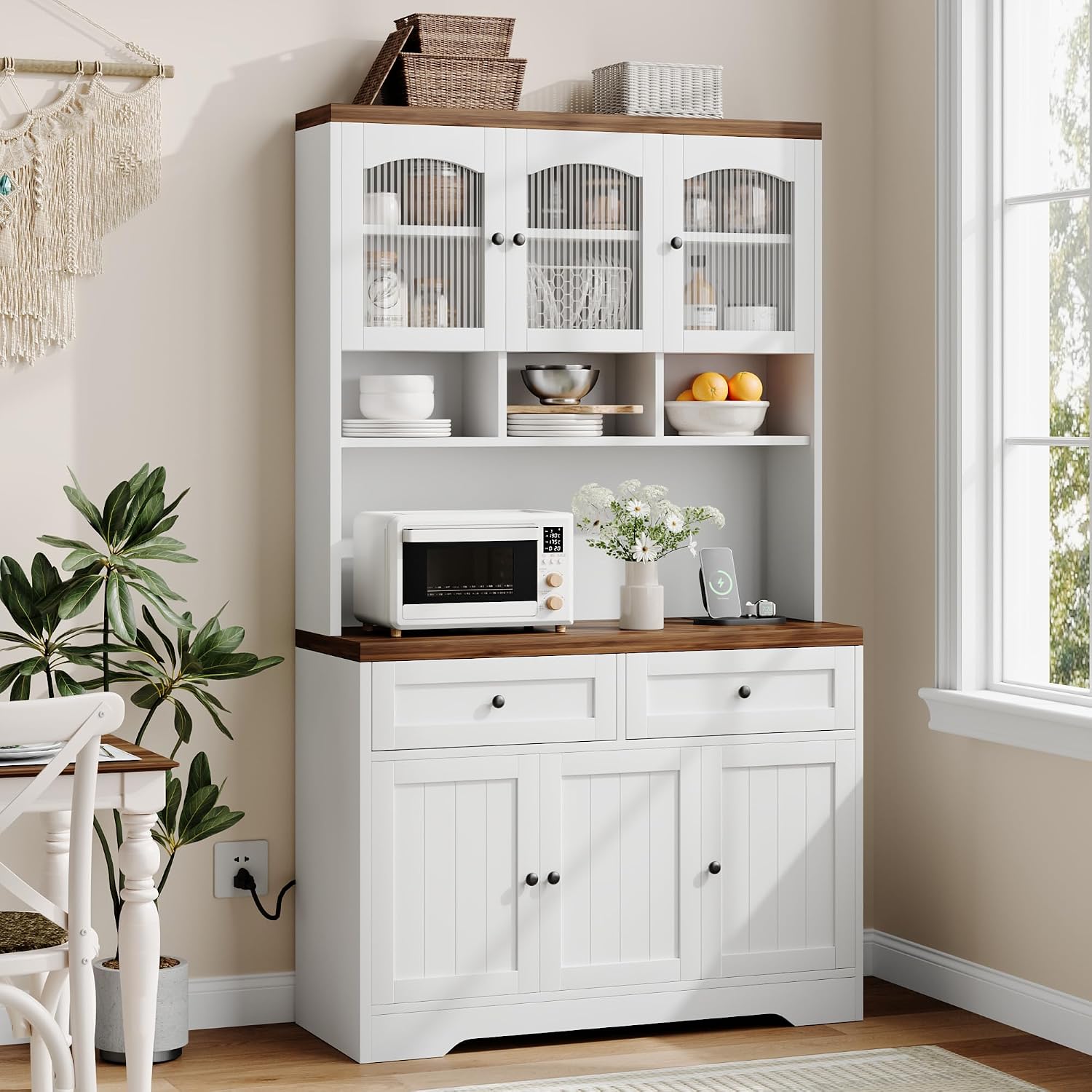 Garvee 71' Pantry Cabinet with Charging Station, Tall Kitchen Pantry Storage Cabinet with Microwave Stand, Farmhouse Kitchen Hutch with Storage Drawers for Living Room, Dining Room, White