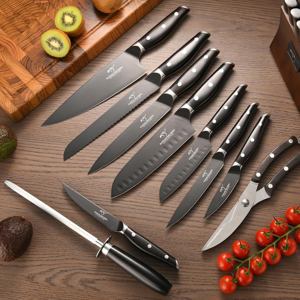 16-Piece Damascus Knife Set with VG10 Core Blades, 67-Layer Damascus Steel, Black Titanium Coated Kitchen Knives for Polished Ebony Wood Handle, Professional Chefs & Home Cooking