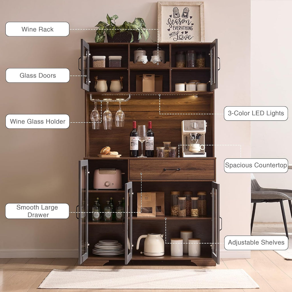 Fatmok 71' Tall Pantry Cabinet with Glass Doors, Kitchen Hutch Storage Cabinet, Coffee Bar & Liquor Cabinet with Charging Station & LED Lights, Wine Rack, Adjustable Shelves＆Large Drawer, Brown
