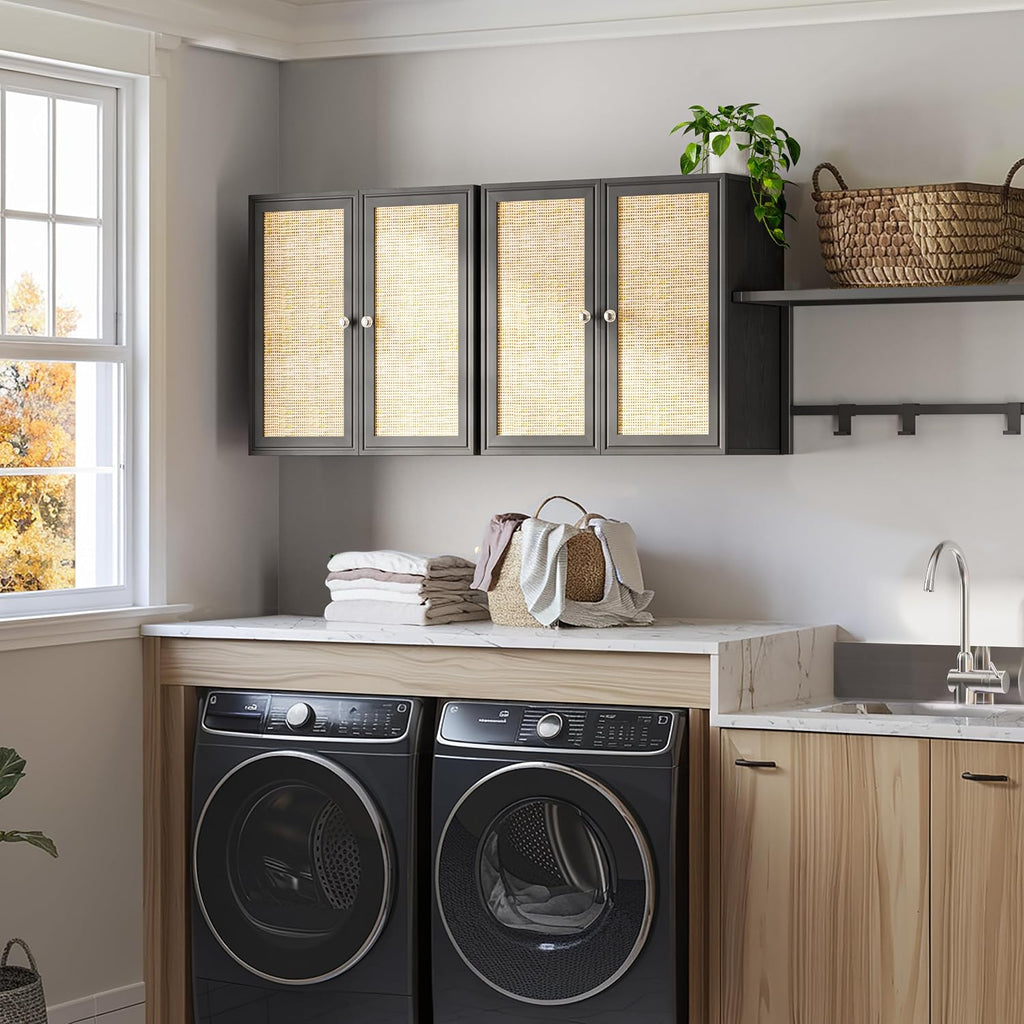 Furnaza Rattan Wall Cabinets Set - 24' Kitchen Wall Mounted Storage Cabinets with 2 Paper Rattan Doors and Shlelf Adjustable in Laundry or Bathroom Over The Toilet,One Set of 2 Pcs, in Black