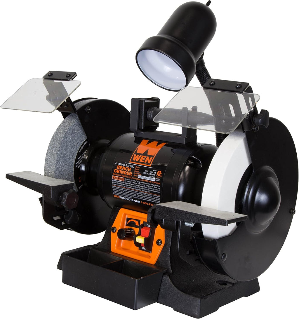 WEN BG4280 5-Amp 8-Inch Variable Speed Bench Grinder with Flexible Work Light & POWERTEC 15505 White Aluminum Oxide Grinding Wheel, 8-Inch by 1-Inch, 5/8-Inch Arbor, 120 Grit