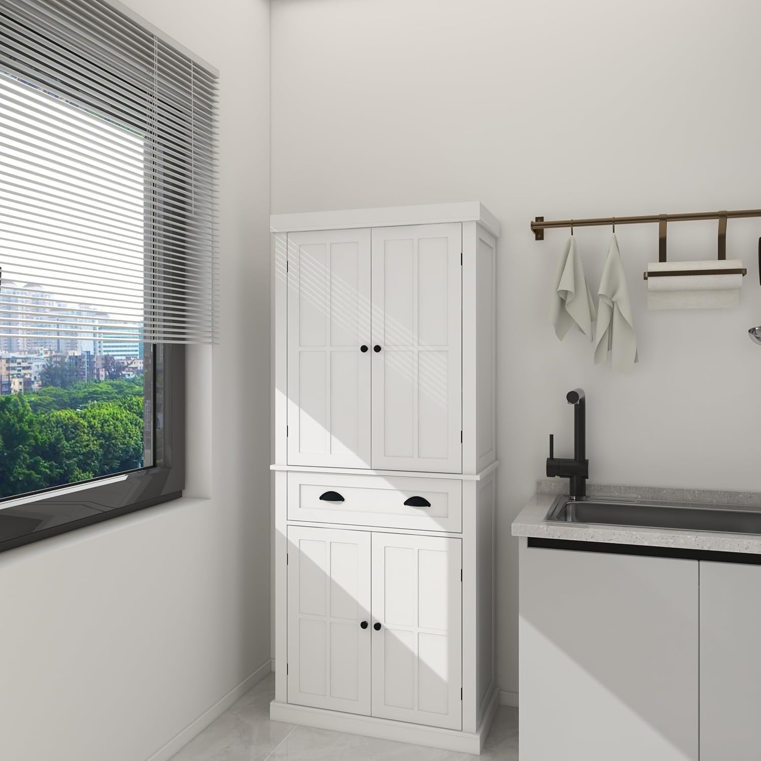 72' 4-Door Freestanding Storage Cabinet, Kitchen Storage Bakers Rack with Carved Design, Utility Food Cupboard with Adjustable Shelf for Kitchen Dining Laundry Room, White