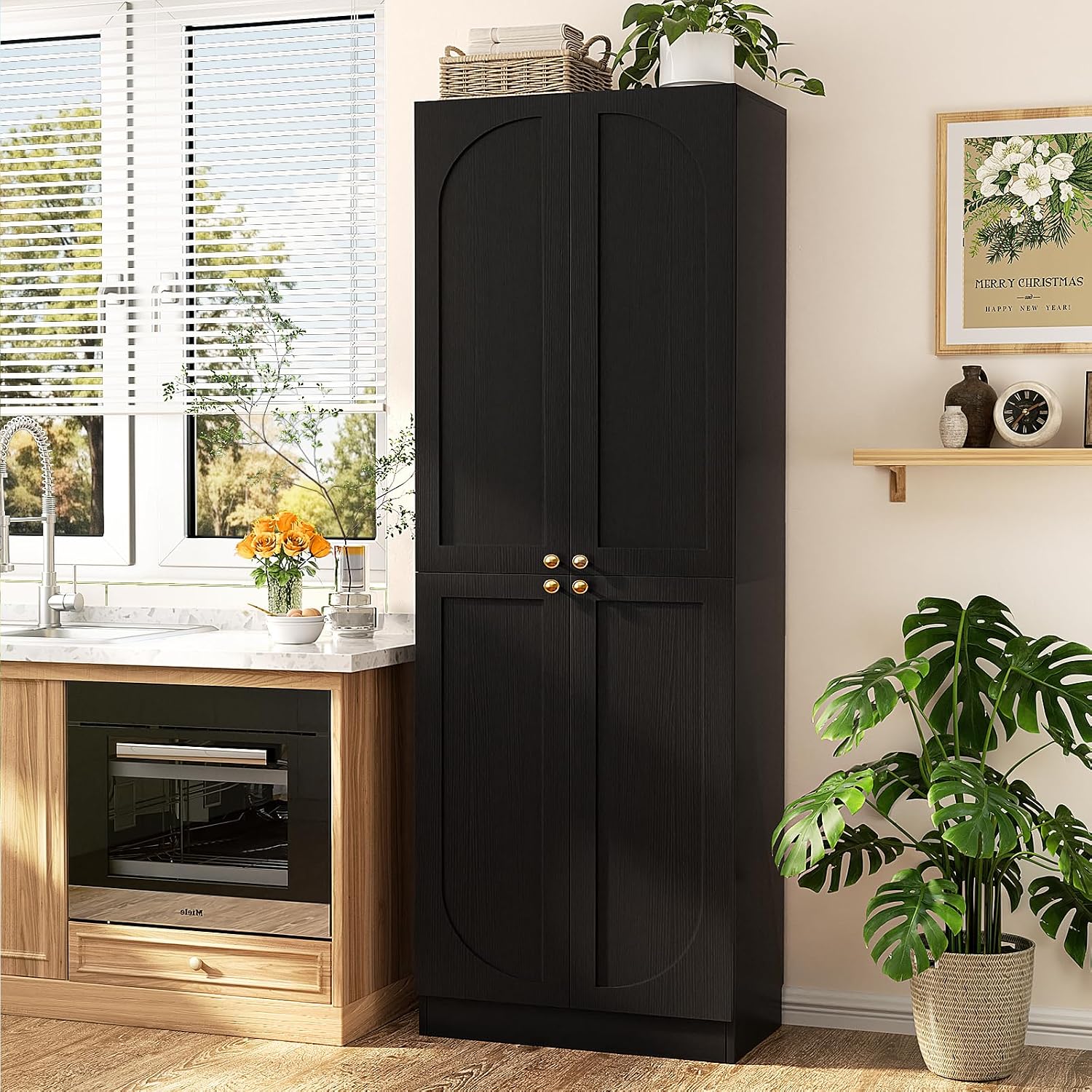 Cyclysio 80' Kitchen Pantry, Extra Tall Arch Storage Cabinet with 8 Soft Close Doors and Adjustable Shelves, Freestanding Wood Cupboard with Seamless Fit Wall for Dining Living Room Bathroom Furniture