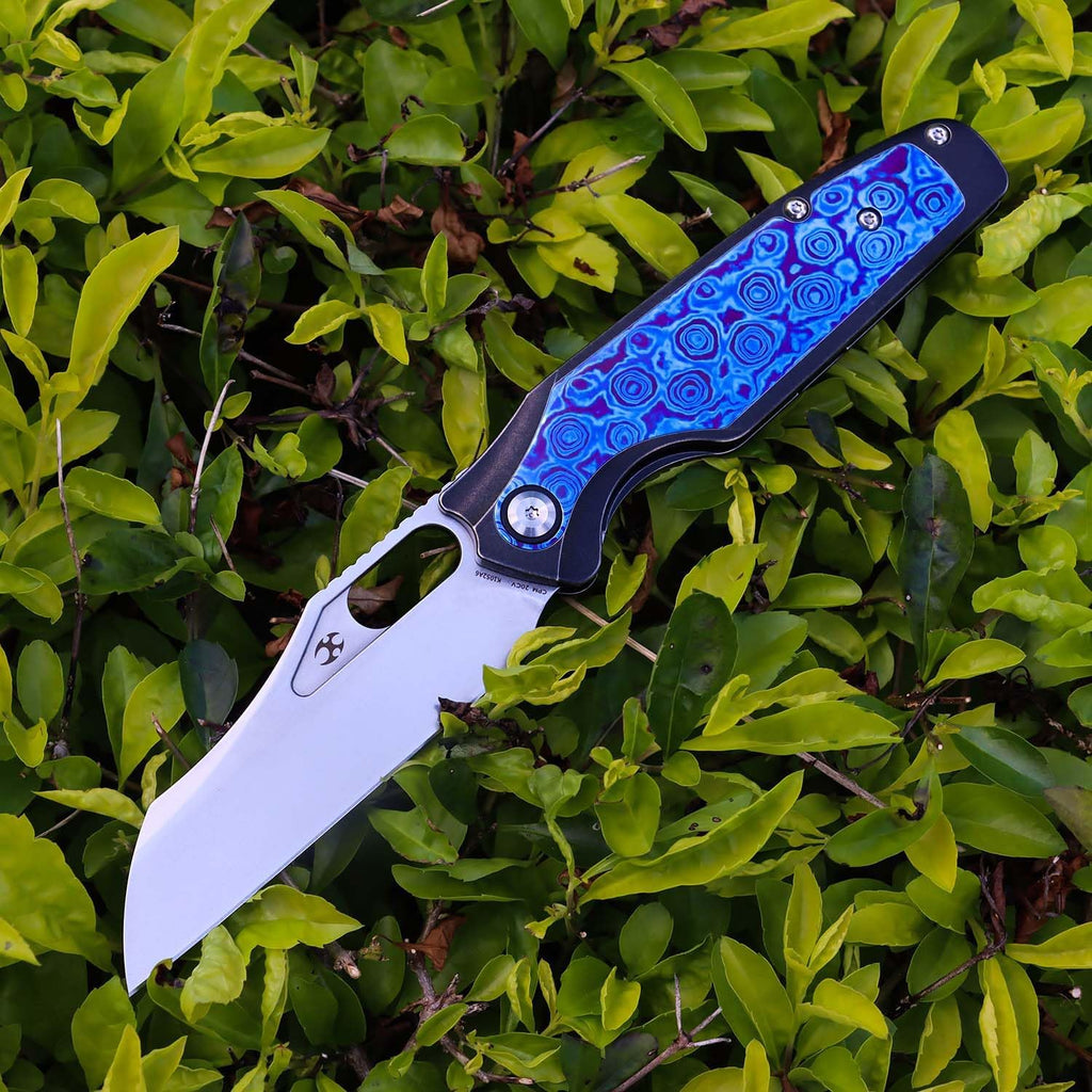 KANSEPT Tuckamore Camping Pocket Knives for Men 8.12in Folding Pocket Knives with 3.54in Stonewashed CPM 20CV Material and Blackwash Titanium Timascus Handle for Outdoor, Tactical, Survival K1052A6
