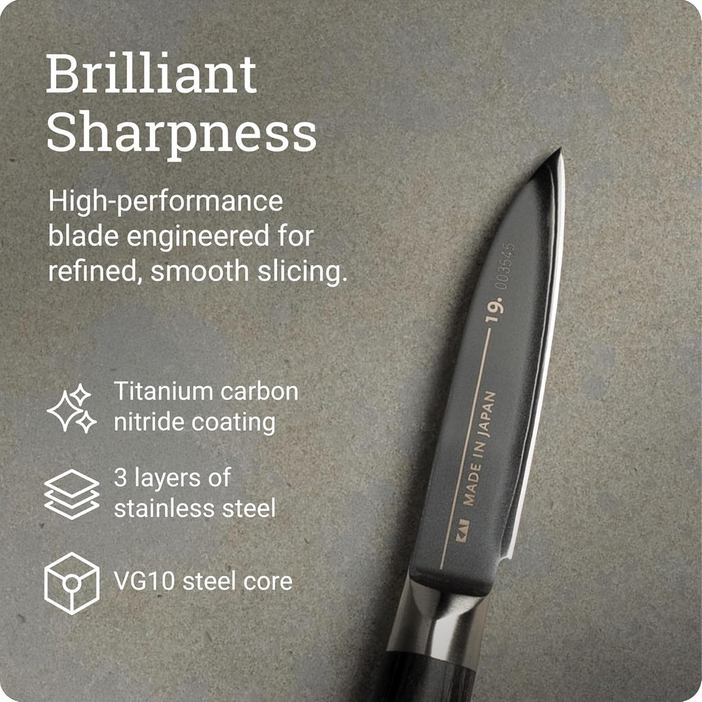 Michel BRAS No. 1 Paring Knife, 3' Handcrafted Vegetable and Fruit Knife, 3 Layer Stainless Steel Blade, Black Pakkawood Handle, Small Kitchen Tool for Peeling and Cutting