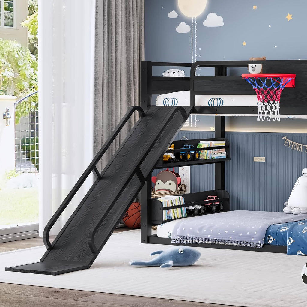 Twin XL Bunk Bed with Slide, Basketball Hoop & Pull-Up Rings, Industrial Style Bunk Bed Frame with Slide, Bookshelf and Climbing Wall, Low Playhouse Loft Bed for Kids, Black