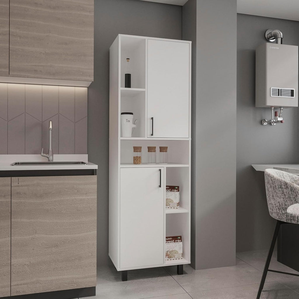 75' Engineered Wood Freestanding Storage Cabinet, Kitchen Storage Bakers Rack with Minimalist Style, Utility Food Cupboard with Enclosed Shelves for Kitchen, Apartment, White