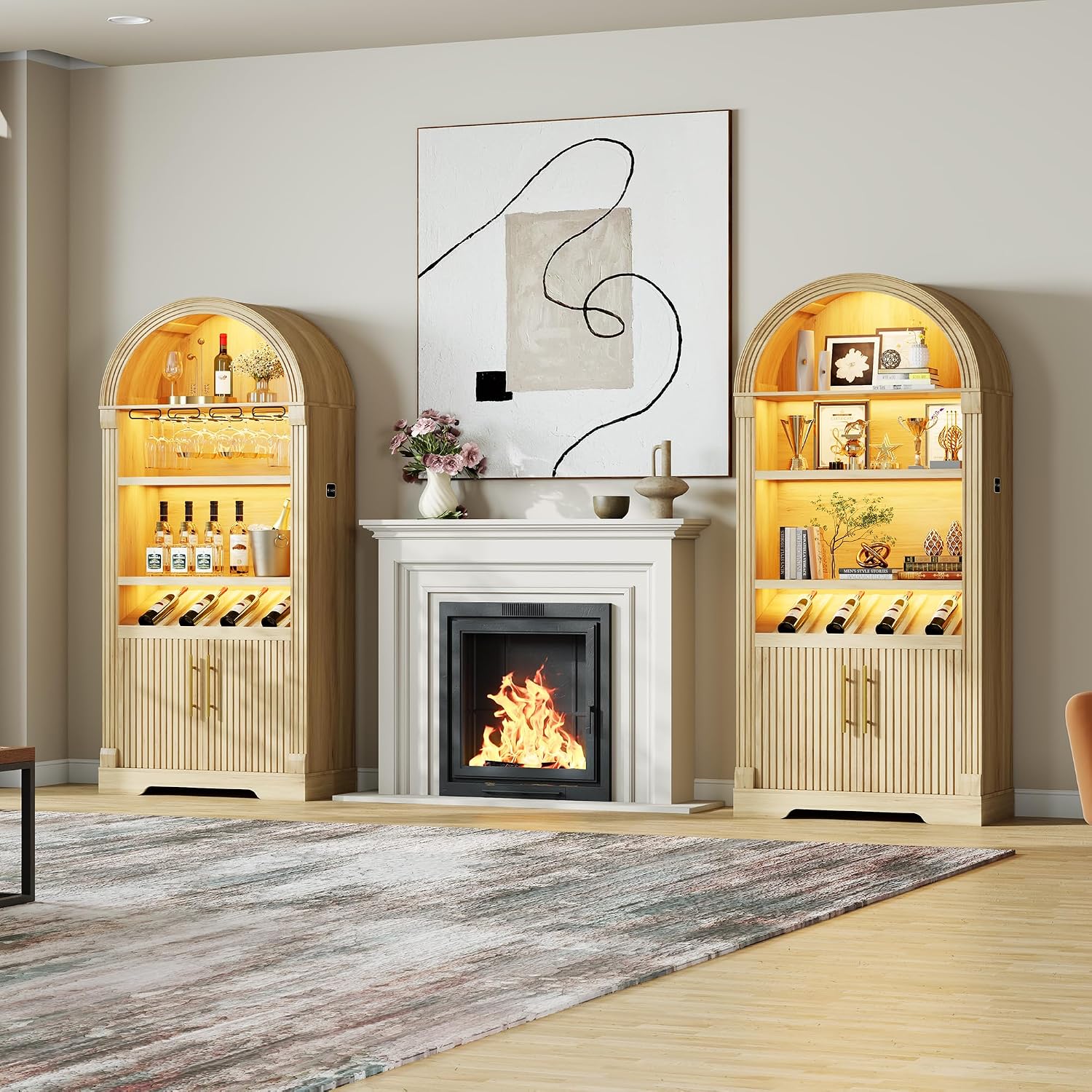 Vlsrka Arched Cabinet, Kitchen Pantry Cabinets with Open & Adjustable Shelves, Induction 3 Color Lights (Brown A)