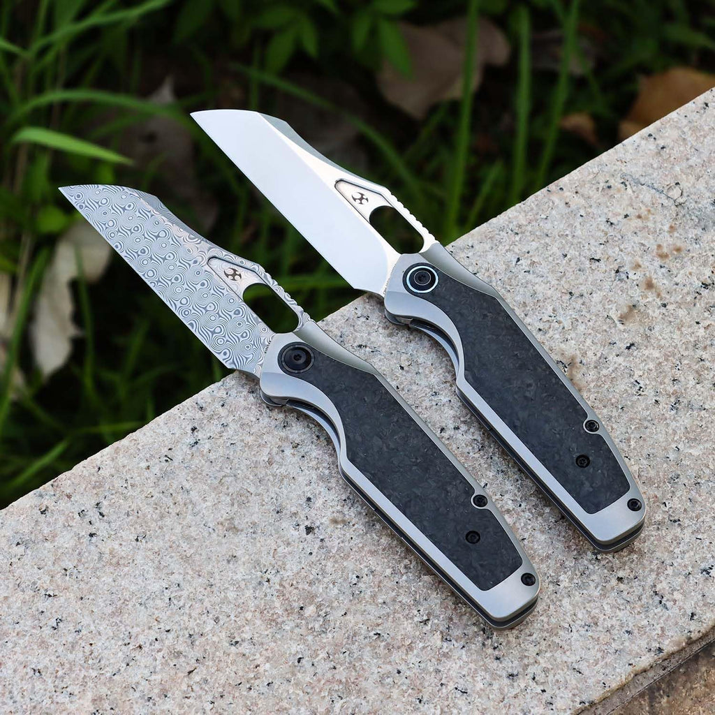 KANSEPT Tuckamore Camping Pocket Knives for Men 8.12in Folding Pocket Knives with 3.54in Damascus Material and Titanium Shred Carbon Fiber Timascus Clip Handle for Outdoor, Tactical, Survival K1052A5