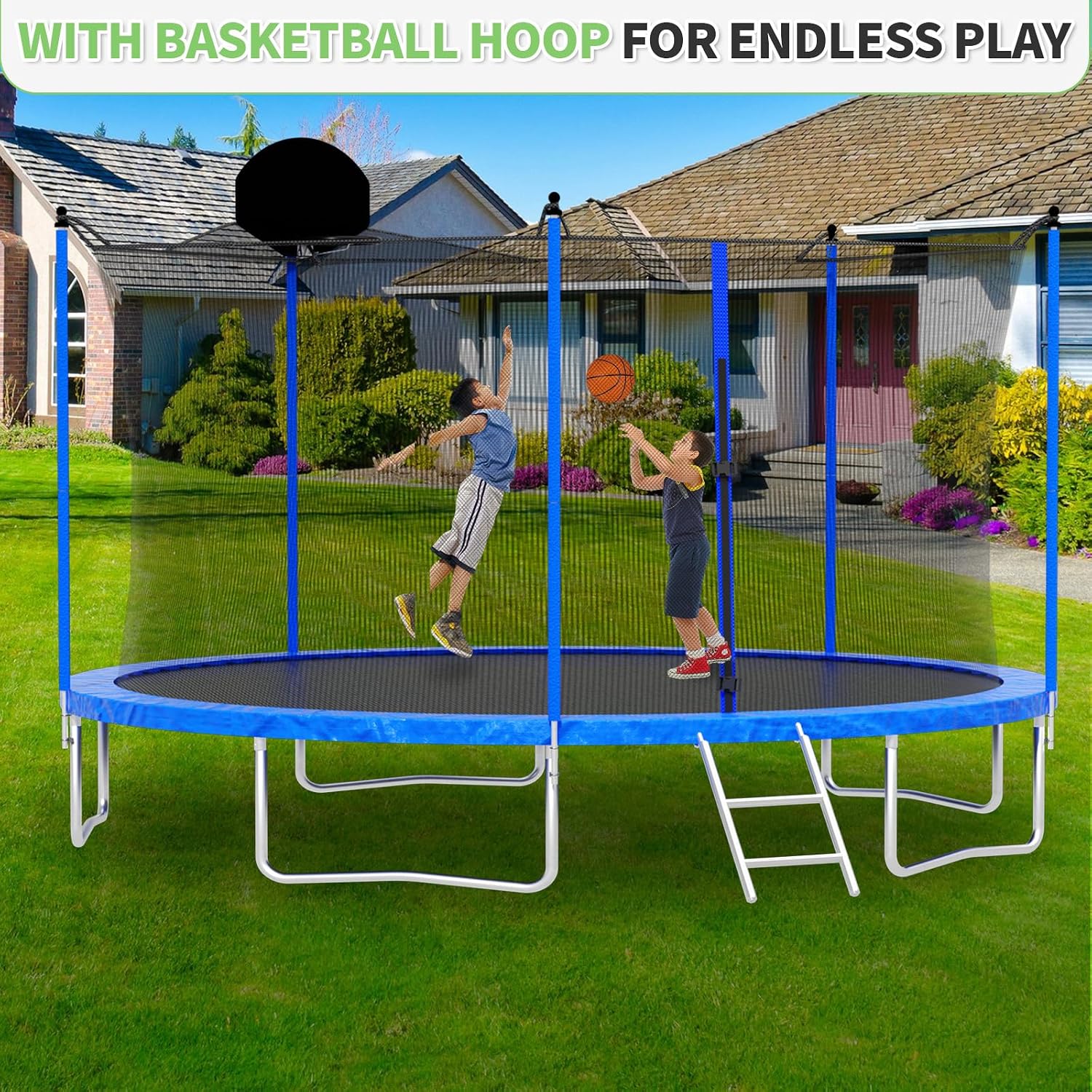 Skepphlay 16ft 14ft 12ft Trampoline Outdoor for Kids and Adults, ASTM Approved Recreational Trampoline, Round Trampoline with Basketball Hoop & Enclosure Net for Backyard