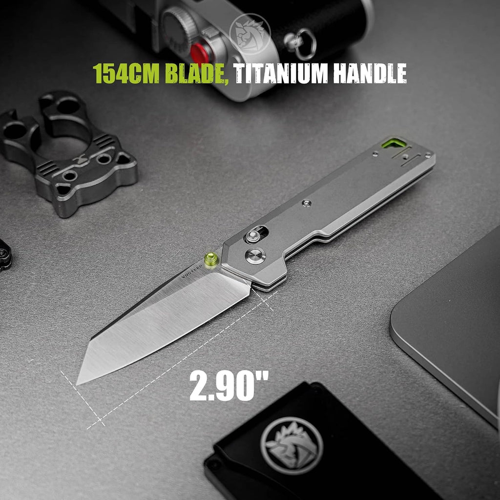 Vosteed Ultra Thin EDC Pocket Knife for Men & Women, 2.9' 154CM Blade, Thumb Stud, Crossbar Lock Titanium Handle Slim Folding Knives for Daily Use - Parallel A3503