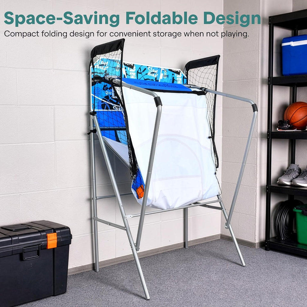 SereneLife Dual Shot Basketball Arcade Game with Electronic Scorer, 8 Game Modes, Indoor Outdoor 2 Player Basketball Shooting Game, Foldable Arcade Set with 5 Balls and Pump