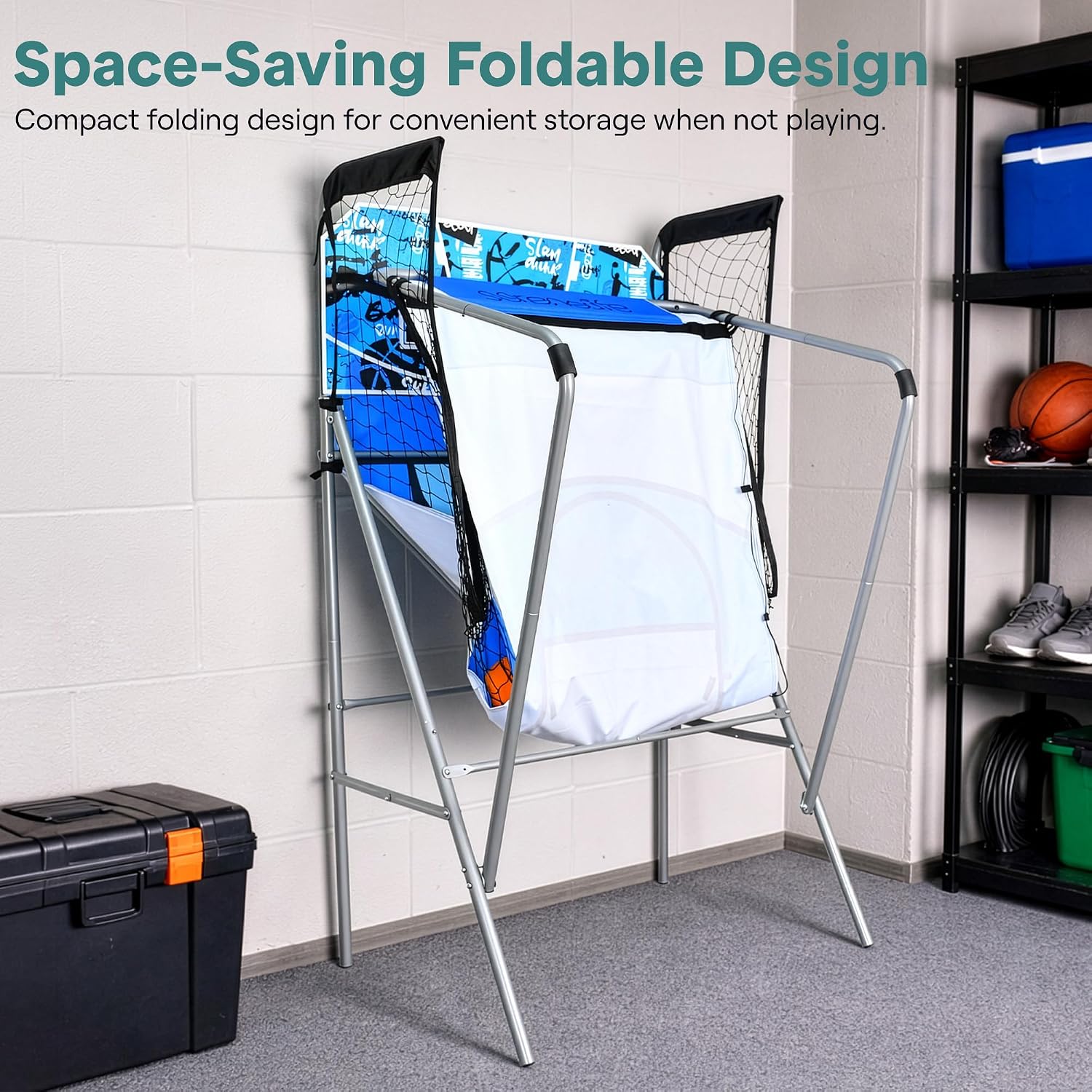 SereneLife Dual Shot Basketball Arcade Game with Electronic Scorer, 8 Game Modes, Indoor Outdoor 2 Player Basketball Shooting Game, Foldable Arcade Set with 5 Balls and Pump