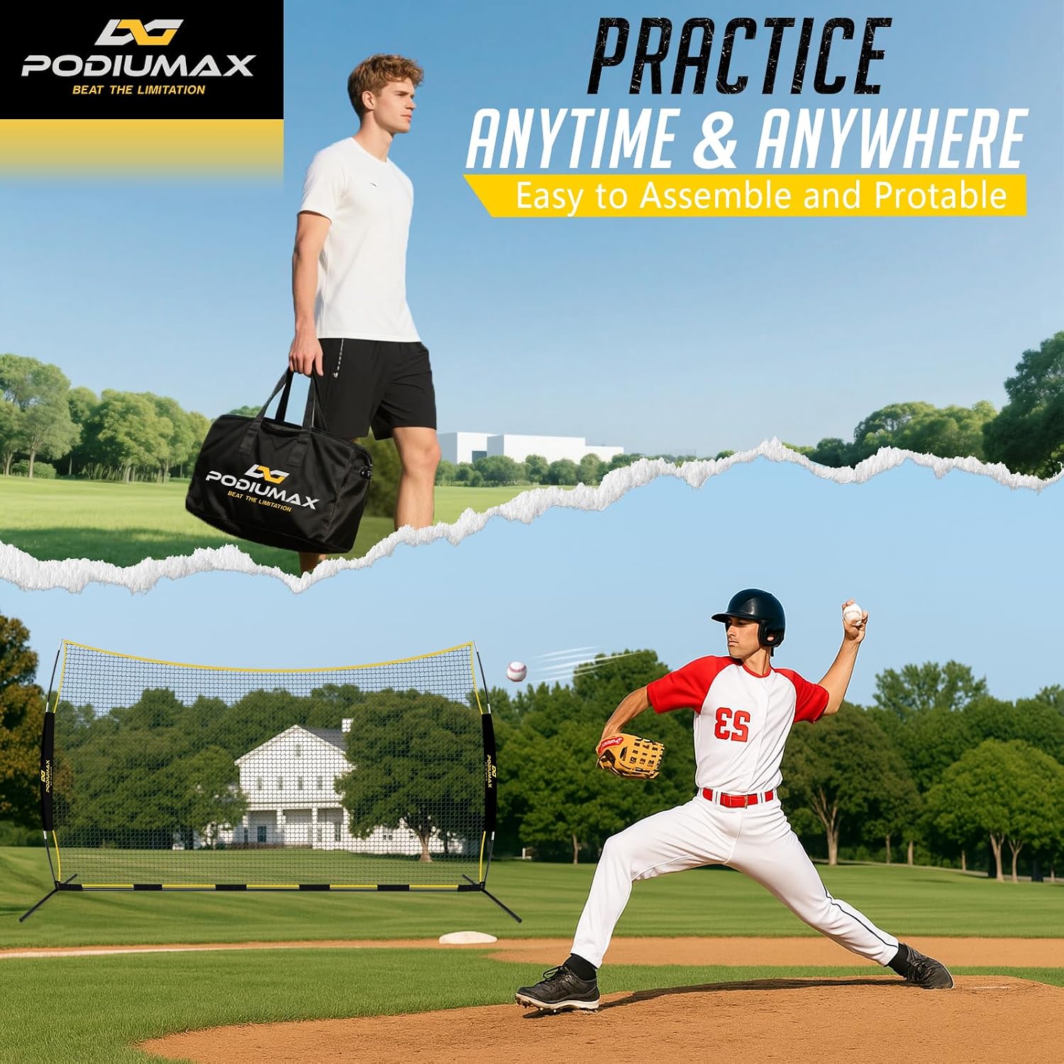 PodiuMax 16x10FT Barricade Backstop Net, Baseball Basketball Barrier with Upgrade Steel Frame, Protective Net for Baseball, Lacrosse, Soccer, Basketball & More, Soccer Backstop Net for Backyard Park