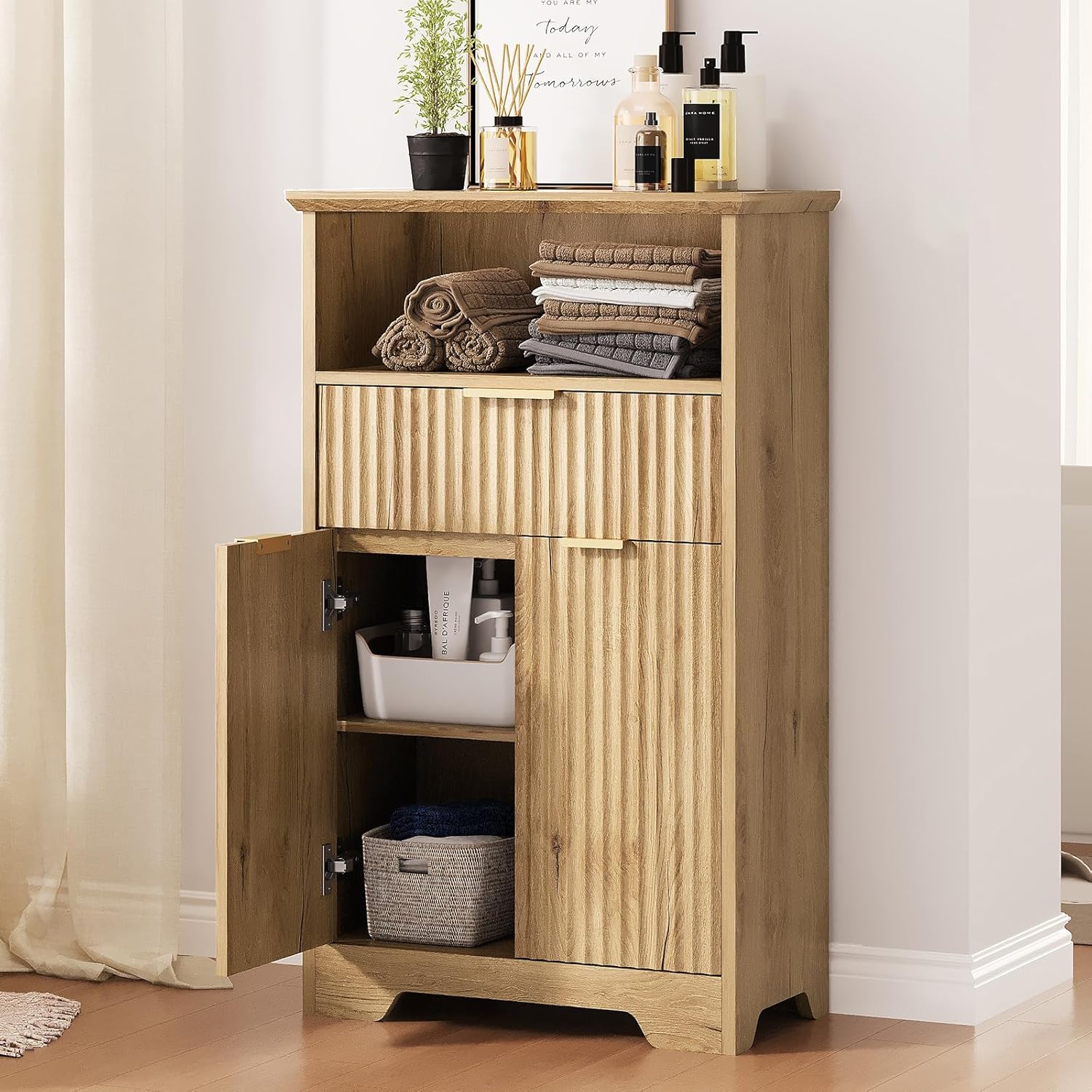 Fluted Buffet Cabinet with Storage, Modern Coffee Bar Cabinet with Drawer & Adjustable Shelf, Wood Sideboard Cabinet for Kitchen, Bathroom, Entryway and Living Room Natural