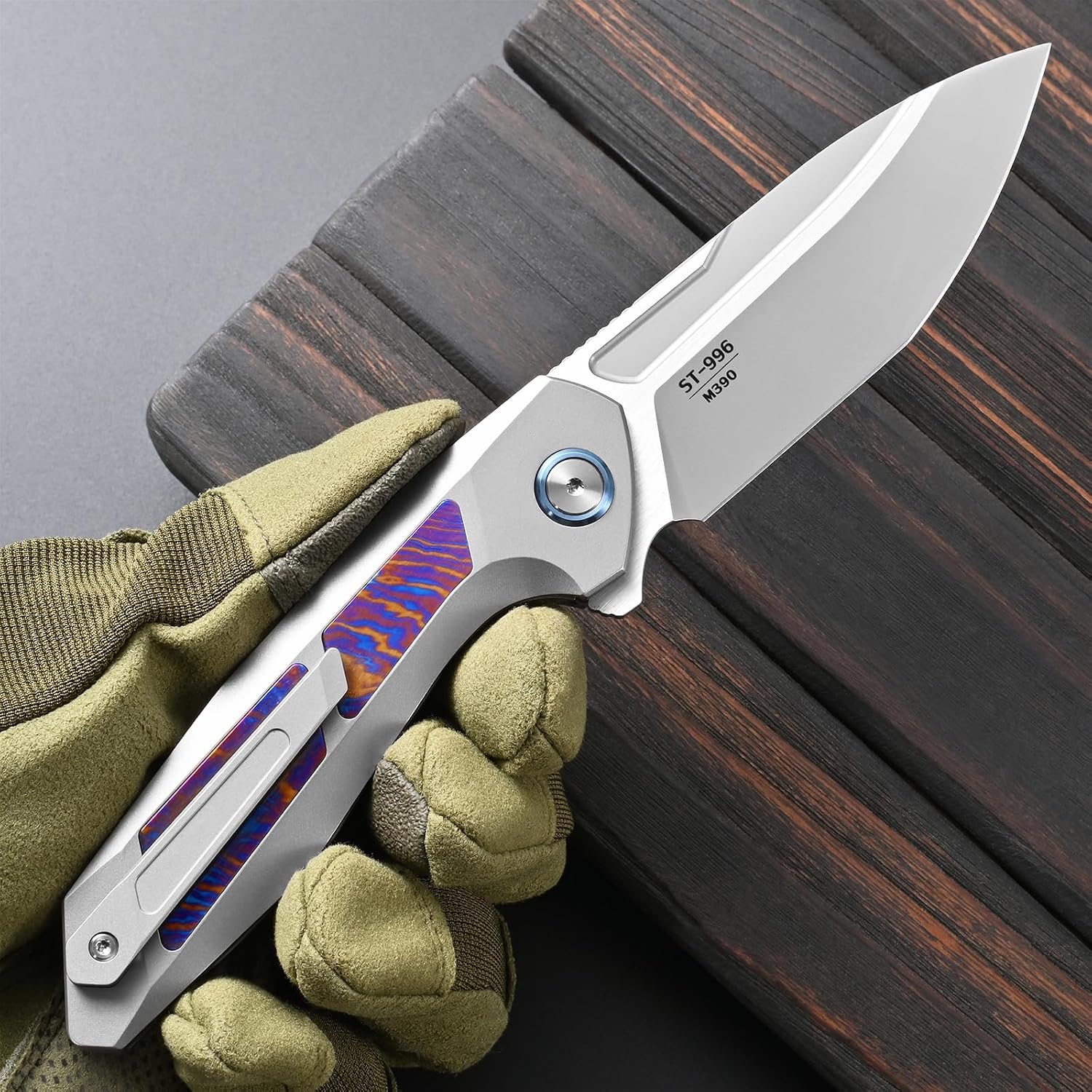 Sitivien ST996 Folding Knife, Handmade M390 Pearlescent Polishing Blade,Titanium & Timascus Handle for Outdoor Camping, Hiking, Working (Timascus)