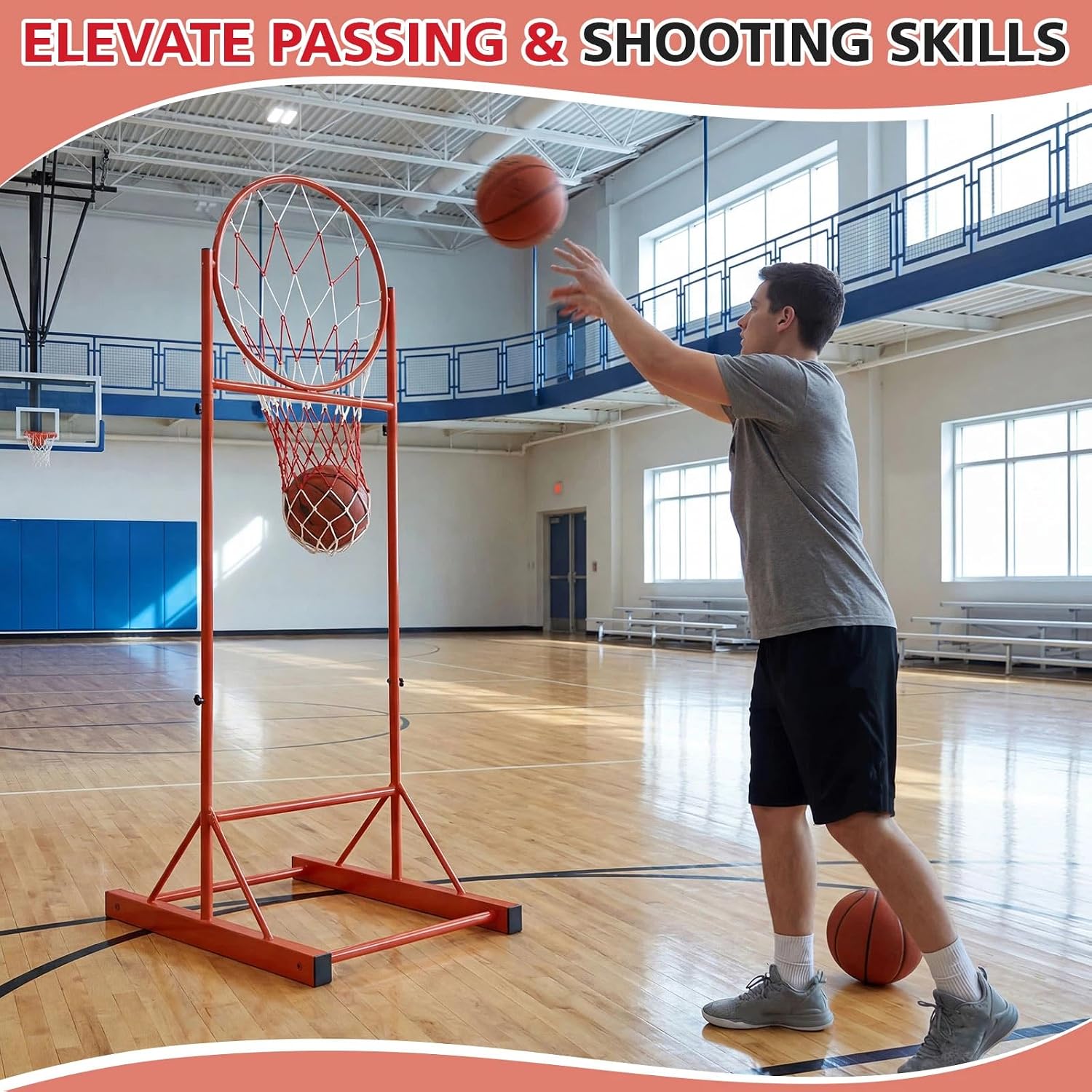 Halloscume Basketball Passing Trainer, Adjustable Height Portable Basketball Training Hoop with Net, 7-8 ft Pass Training Rack for Coaches, Indoor Outdoor Practice Equipment