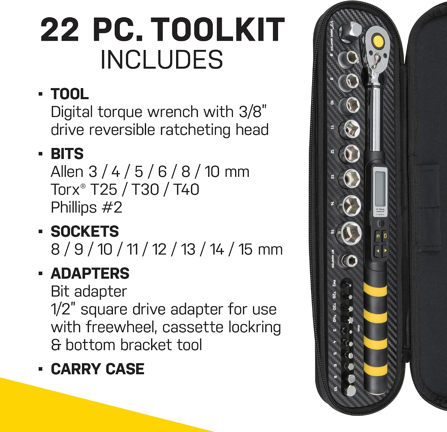 Topeak D-Torq Wrench DX Digital Torque Wrench – 4-80 Nm (3/8″ Drive) with 8 Sockets & 10 Hex/Torx Bits, LCD Display & Audible Alerts, High-Precision Torque Tool for Bicycle, Motorcycle & Automotive | torque-wrenches