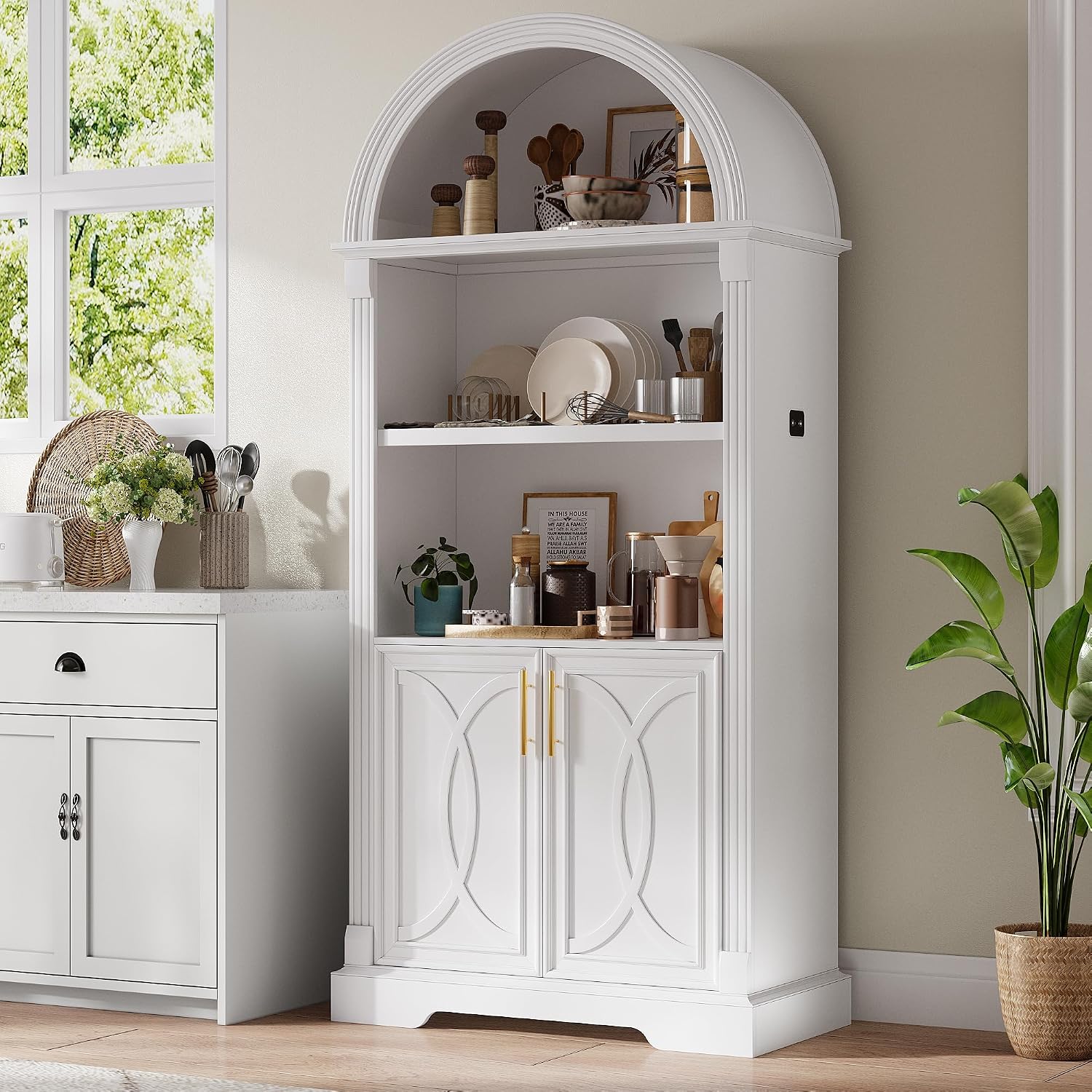 Vlsrka 71' Tall Arched Cabinet, Kitchen Pantry Cabinets, Arched Bookshelf/Bookcase,China Cabinet, Wood Kitchen Storage Cabinets with Open & Adjustable Shelves, Induction 3 Color Lights, White