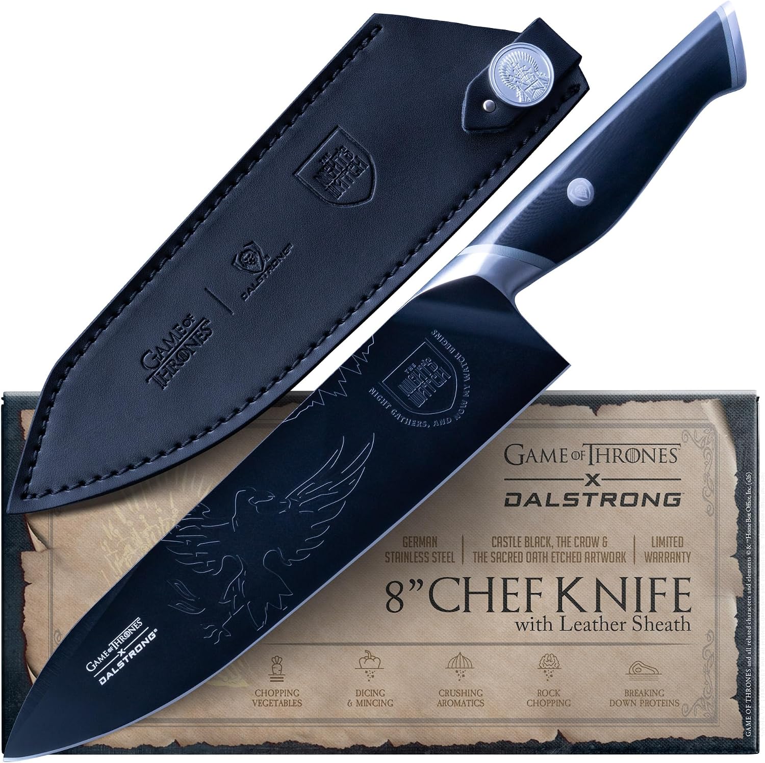 Dalstrong Game of Thrones Night's Watch 8' Chef Knife — German X50CRMOV15 Steel, Black TiN-Coated, G-10 Handle — Officially Licensed — For GoT Fans, Collectors & Real Kitchen Use