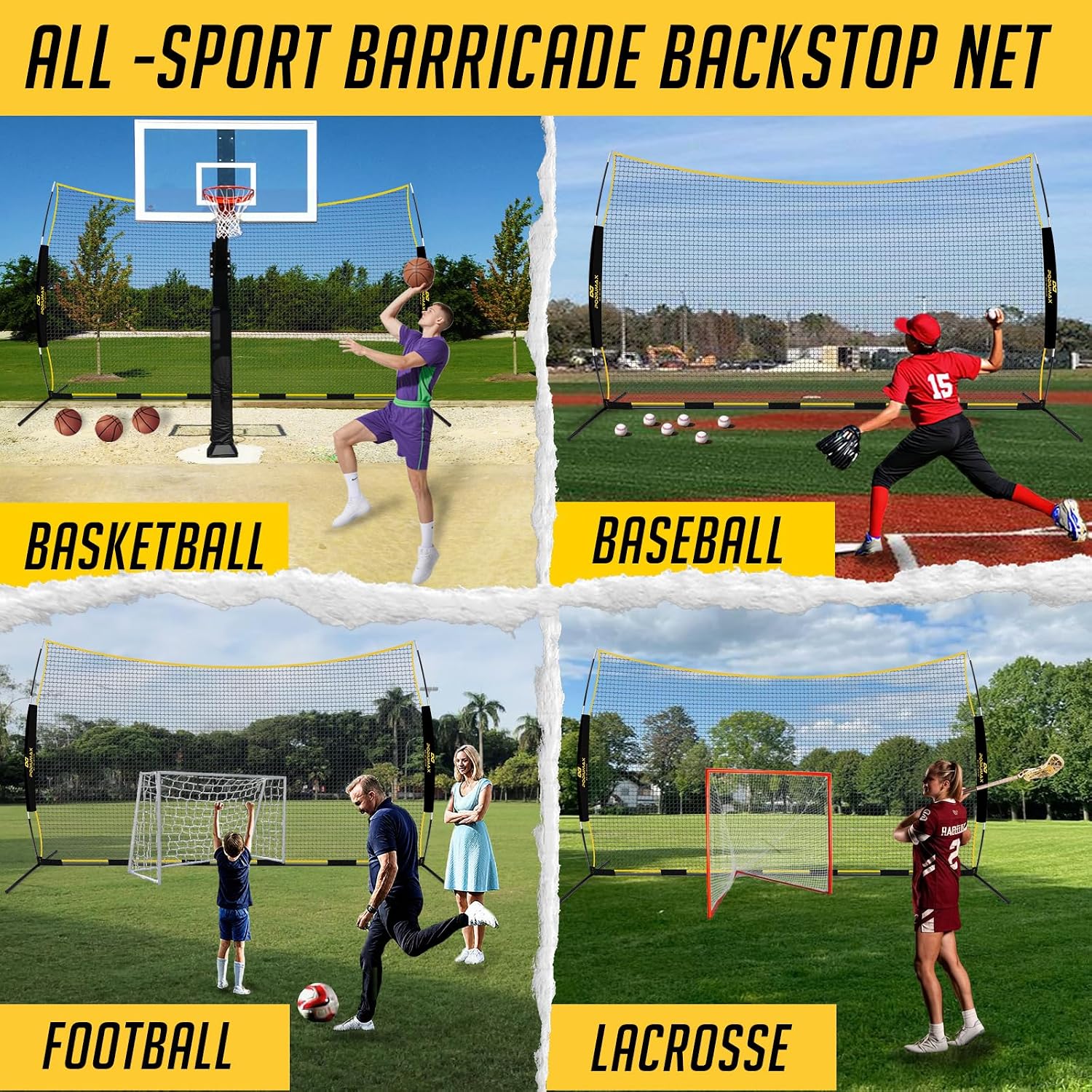 PodiuMax 16x10FT Barricade Backstop Net, Baseball Basketball Barrier with Upgrade Steel Frame, Protective Net for Baseball, Lacrosse, Soccer, Basketball & More, Soccer Backstop Net for Backyard Park