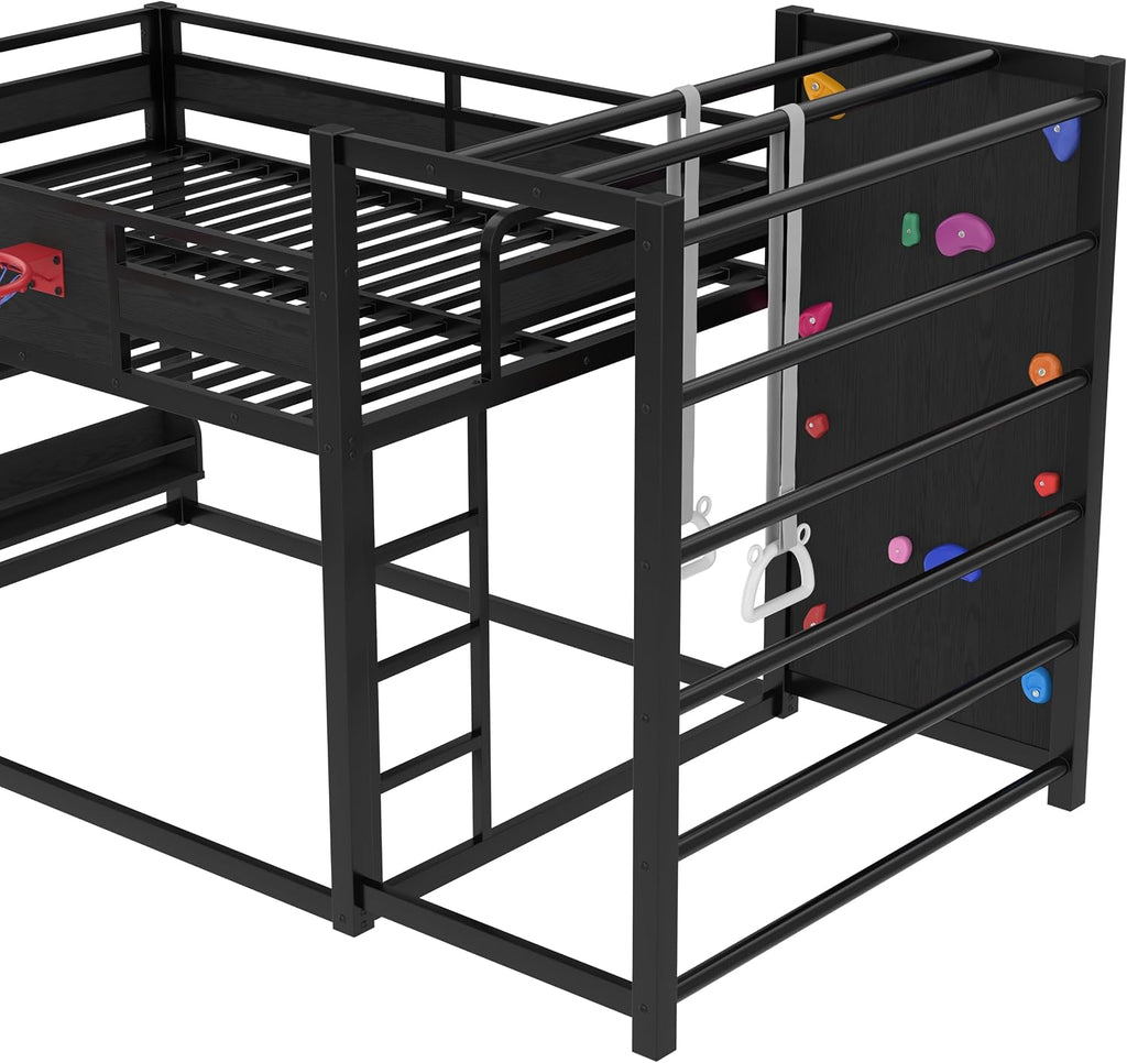 Metal Full Over Full Bunk Bed with Slide and Bookshelf, Modern Heavy Duty Bunk Bed with Basketball Hoop, Pull-Up Rings and Climbing Wall, Low Playhouse Loft Bed for Kids, Black